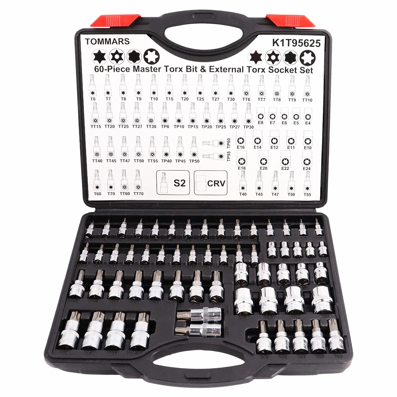 TOMMARS 60-częściowy zestaw nasadek bitowych Master Torx i zewnętrznych gniazd Torx 1/10.2 cm, napęd 3/20.3 cm, 1/5.1 cm, bity stalowe S2, gniazda CRV E4-E24, T6-T70, TT6-TT70, TP8-TP60