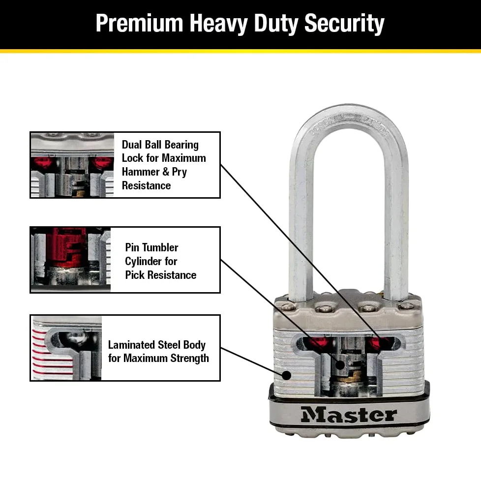 Master Lock M1XKADLHCCSEN Kłódka ze stali laminowanej Magnum, średnica 5/16 cala, 5-calowy prześwit, szekla 5 cm, szekla 5 cm