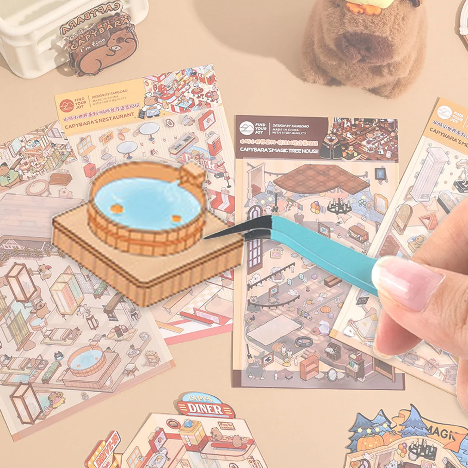 AYNKH 4 zestawy DIY Capybara World Series 3D naklejki krajobrazowe, urocze zabawne naklejki z kreskówkową sceną, muzeum, hotel, domek na drzewie, restauracja, ulga, stres, mijanie czasu, kreatywne
