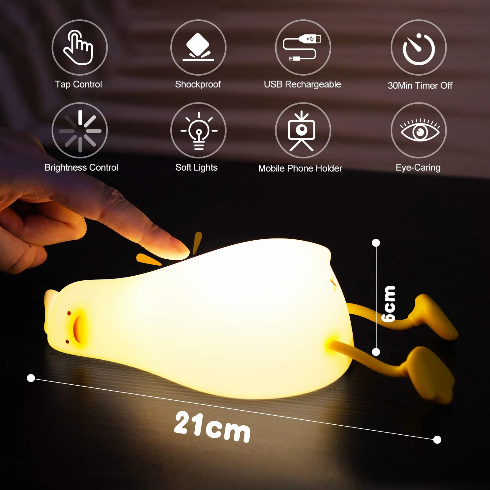 URAQT Lampka Nocna dla Dzieci, Silikonowa Lampka Nocna z Czujnikiem Dotyku, Śliczna Kaczka Lampki do Pokoju dla Dzieci z Funkcją 30 Minutowego Timera, USB do Ładowania na Prezent Chrztu Dziecka