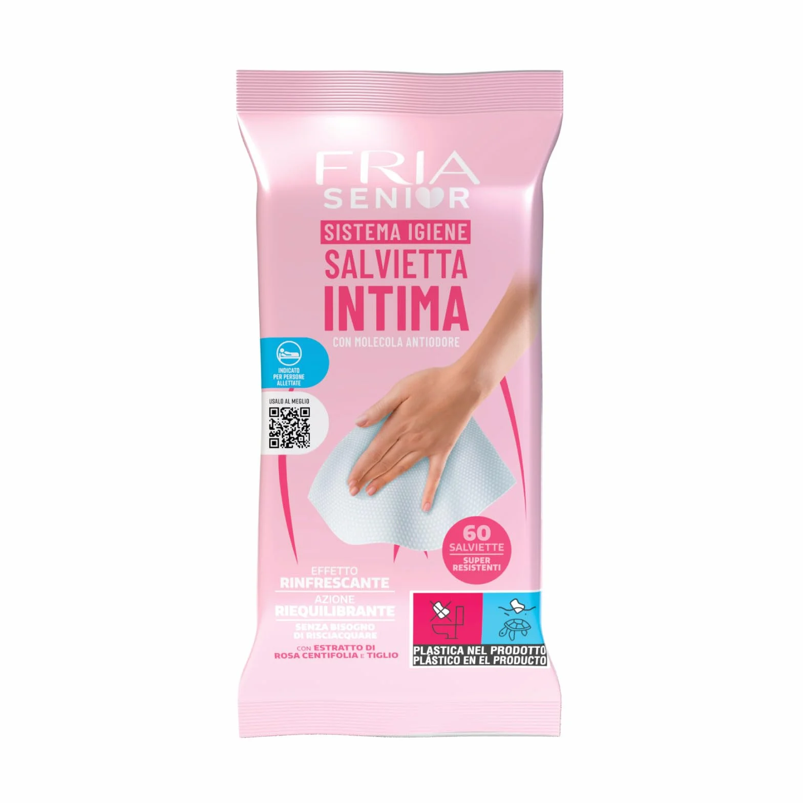 Chusteczki do higieny intymnej dla osób starszych - z ekstraktami z róży Centifolia i lipy - działanie równoważące - bezzapachowe, rozmiar: 60 chusteczek - FRIA Senior