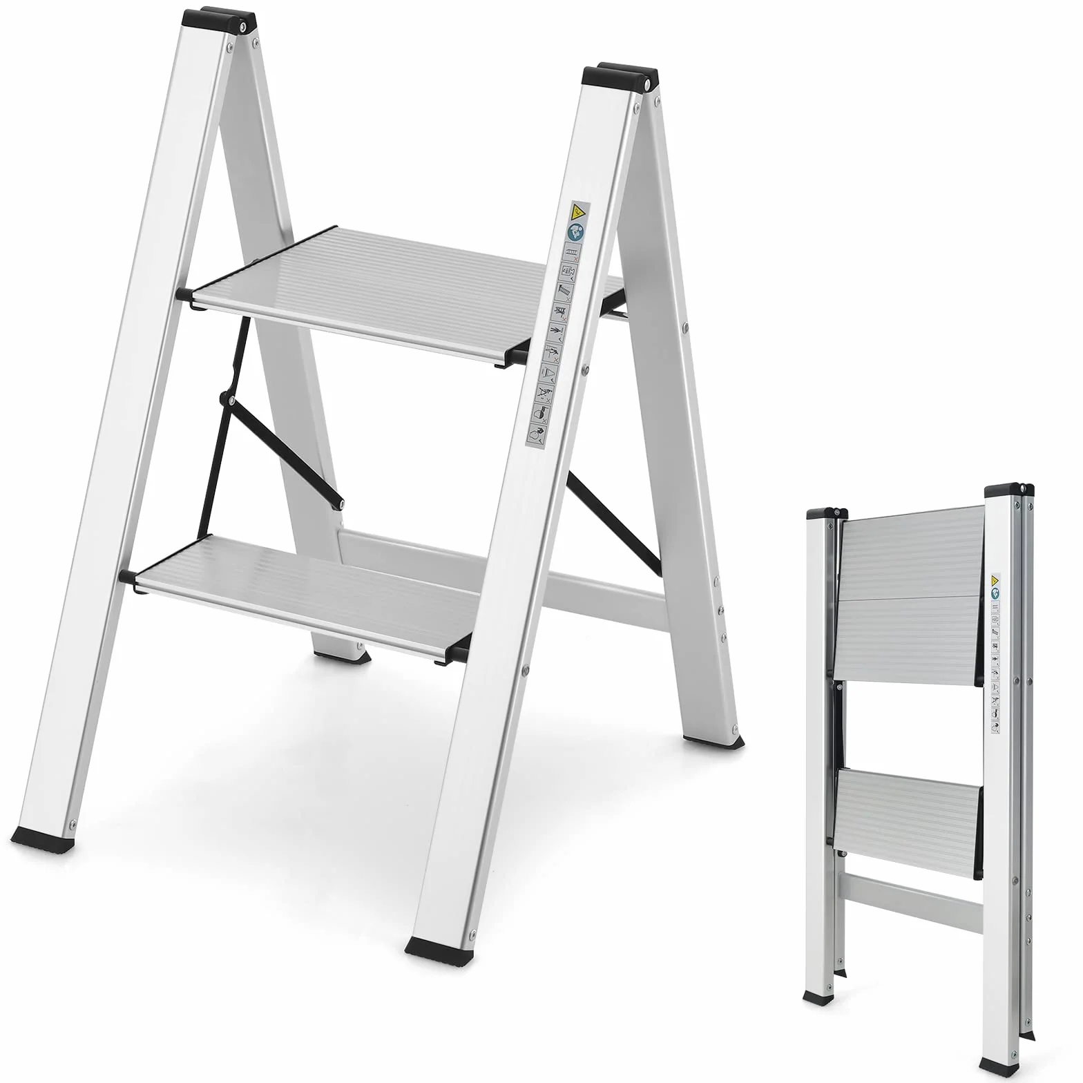 COSTWAY Drabina schodkowa, 2-stopniowa drabina stojąca, aluminiowa, składana drabina do 150 kg, składana i antypoślizgowa, do domu, biura, garażu, srebrna (2 stopnie 44 x 49 x 66 cm)