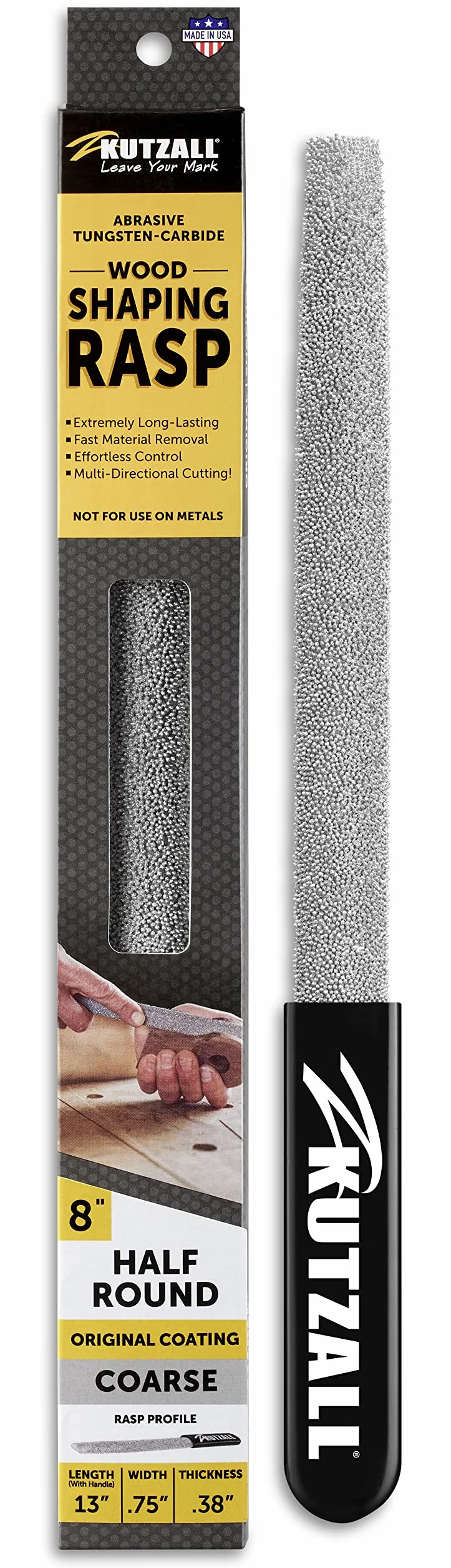 Kutzall Original 8" Half-Round Hand Rasp Coarse Tungsten Carbide Woodworking Shaping Tool HR8330