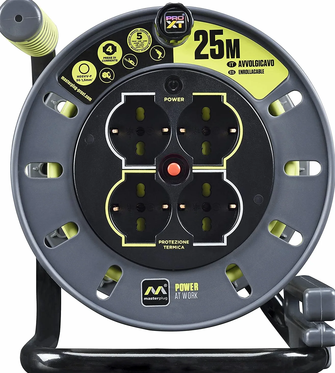 Masterplug Pro-XT Zawijarka kablowa 25 metrów, 4 Uniwersalne gniazda prolivalent: Bipasso, EU, Schuko, Przedłużacz elektryczny 16A, Wskaźnik LED, Kabel Wysokiej Widoczności