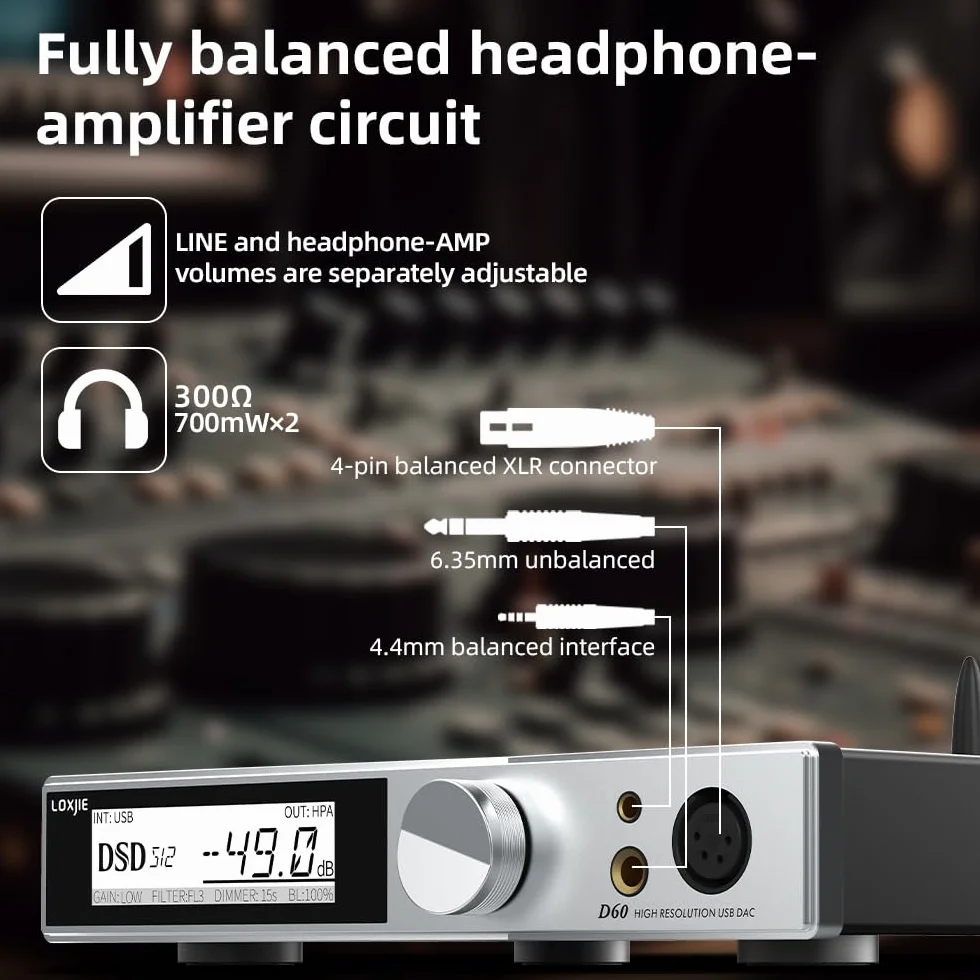 LOXJIE D60 HiFi wzmacniacz słuchawkowy dekoder 6,35 mm 4,4 mm 300Ω 700 mW x 2 Bluetooth 5.1 ES9039MSPRO czarny