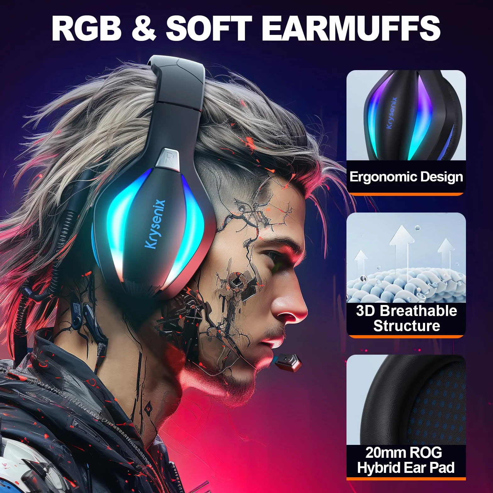 Krysenix Zestaw Słuchawkowy PG1 do PS4/PS5/PC/Nintendo Switch/Xbox One, Stereo AI z Mikrofonem, 3,5 mm, RGB, Jasnoczarny + Niebieski
