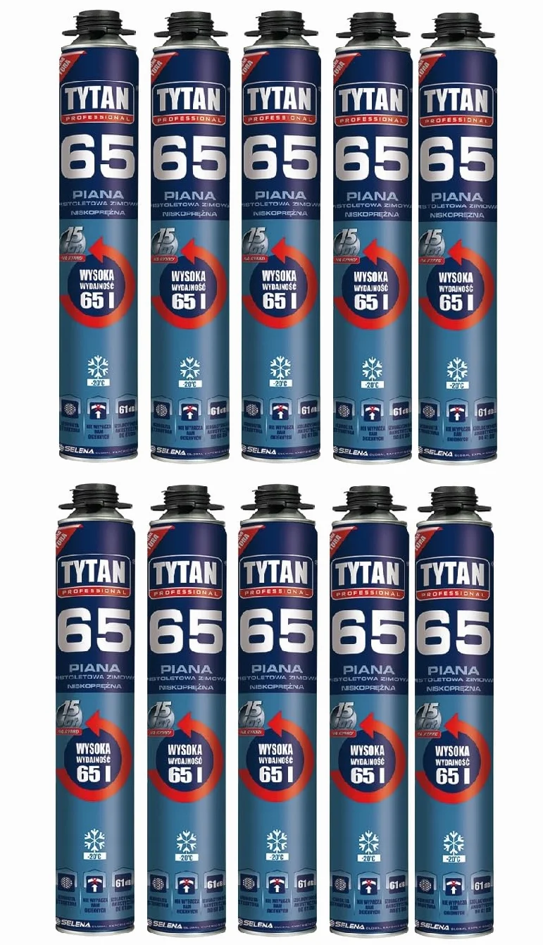 Pianka do pistoletu Tytan 65 pianka zimowa | montaż | działanie wysokich i niskich temperatur (od -60°C do +100°C) 10 x 750 ml