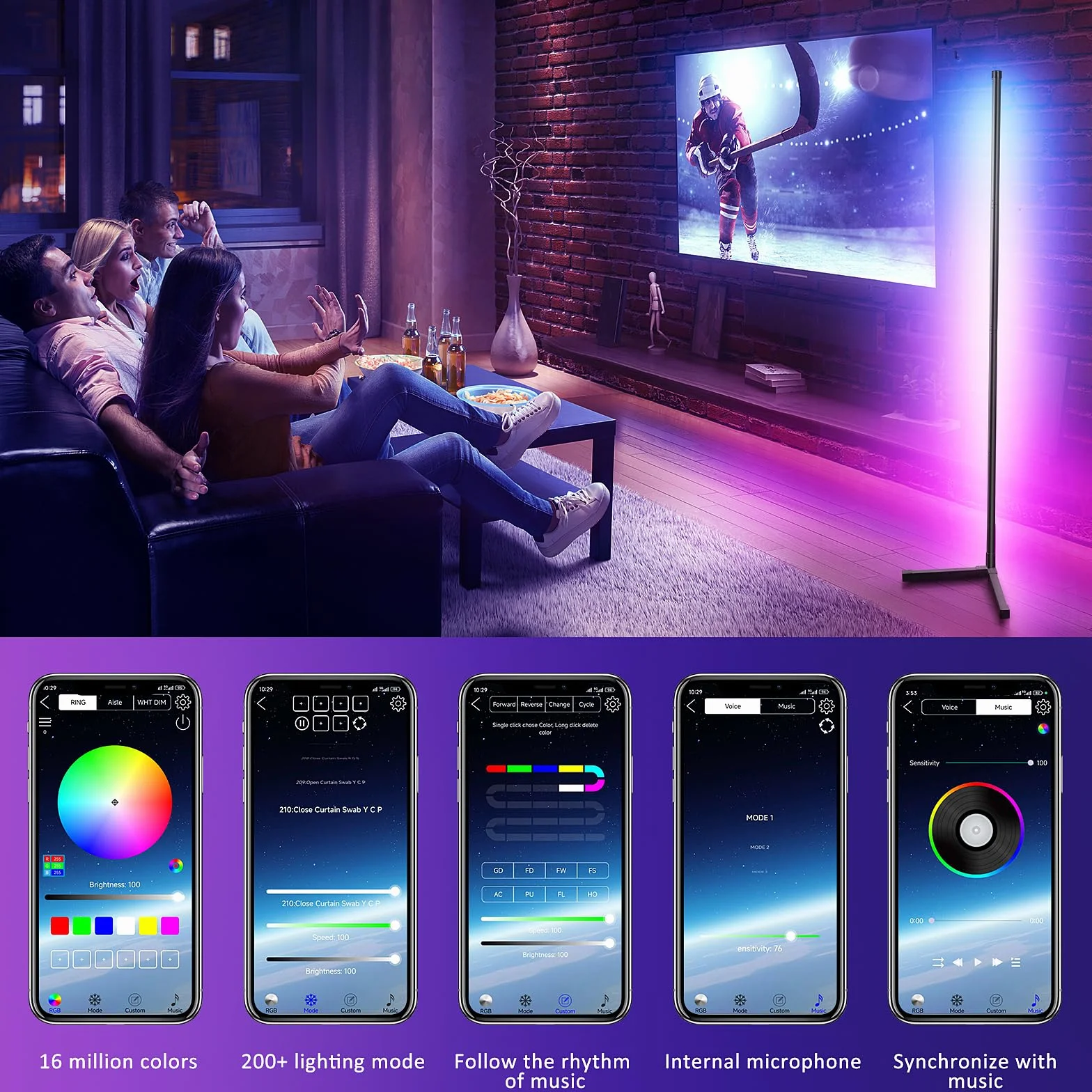 Comius Sharp Lampa stojąca LED do salonu, 160 cm, Smart RGB LED, lampa stojąca z pilotem zdalnego sterowania i aplikacją, 16 milionów kolorów, tryby muzyki, tryb DIY, funkcja timera, do sypialni,