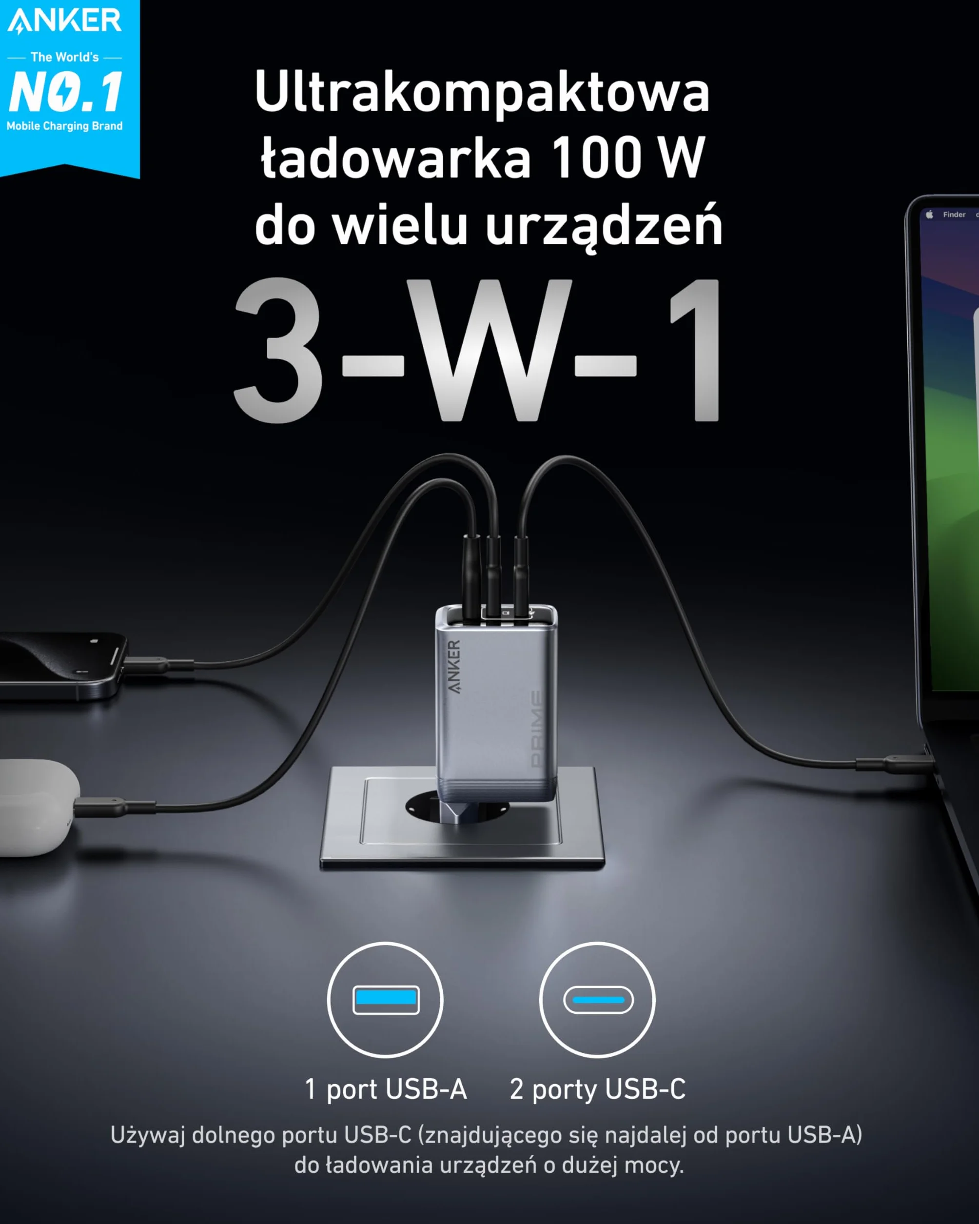 Anker Prime ładowarka, 100 W USB-C ładowarka 3 porty GaN, składana i kompaktowa do MacBook, iPad, iPhone modeli iPhone 16, Galaxy S24/S23 i wielu innych