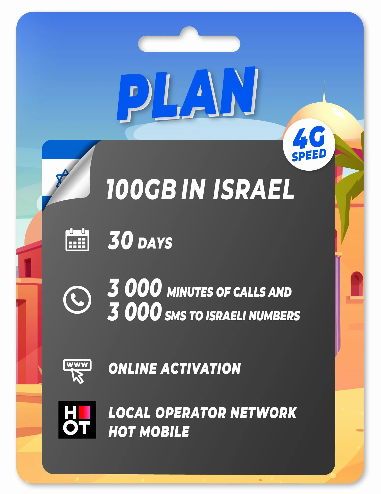 Prepaid-karta SIM 100 GB Izrael 3000 minut 3000 SMS 4G LTE
