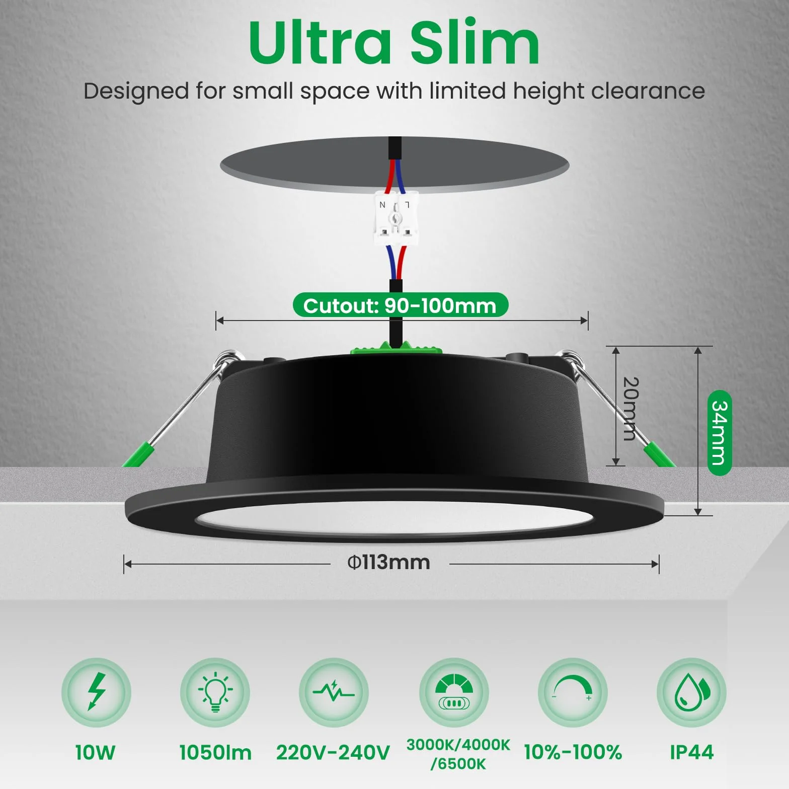ALUSSO LIGHTING Czarny reflektor LED do zabudowy 10W 1050lm 3000K 4000K 6500K regulowany ściemnialny