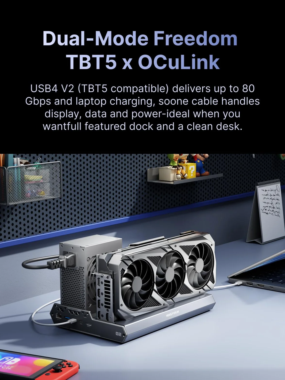 MINISFORUM DEG2 Thunderbolt 5 (80 Gb/s, 140 W) i stacja dokująca OCuLink eGPU, PCIe x16, z gniazdem M.2 NVMe, obsługuje zasilacze ATX/SFX