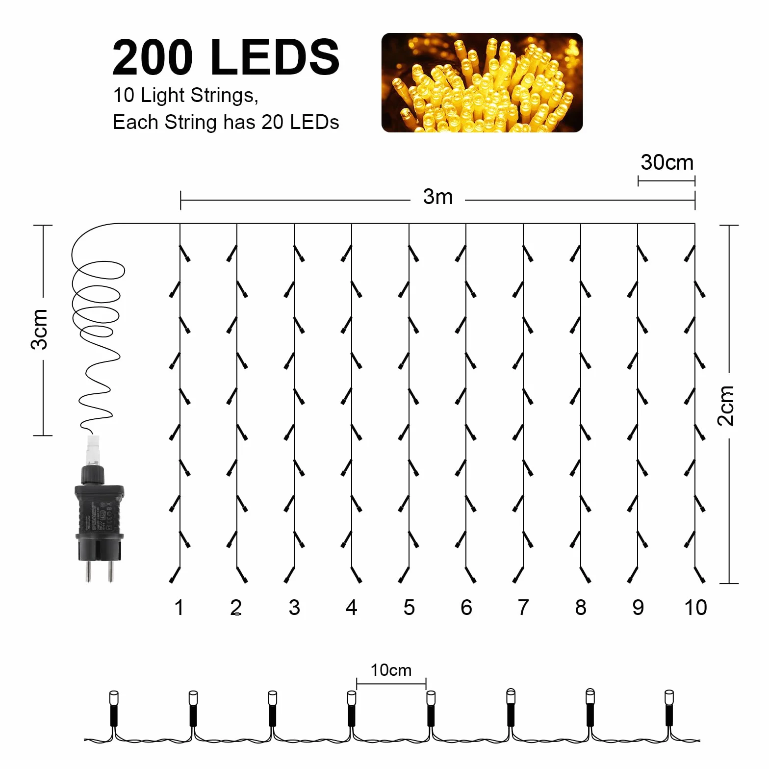 Kurtyna świetlna do wnętrz, 3 x 2 m, 200 diod LED, 8 trybów pracy, na firankę, ścianę, do sypialni, na wesele, imprezę i dekorację bożonarodzeniową