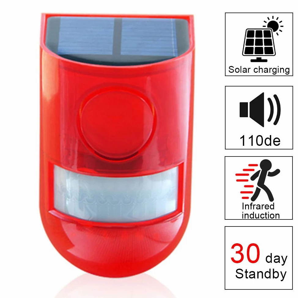 Solarny alarm bezpieczeństwa IP65, wodoodporny czujnik ruchu LED, migająca lampa, 110 dB, głośna syrena, system alarmowy do domu, gospodarstwa, sklepu, ogrodu, willi (2 szt.)