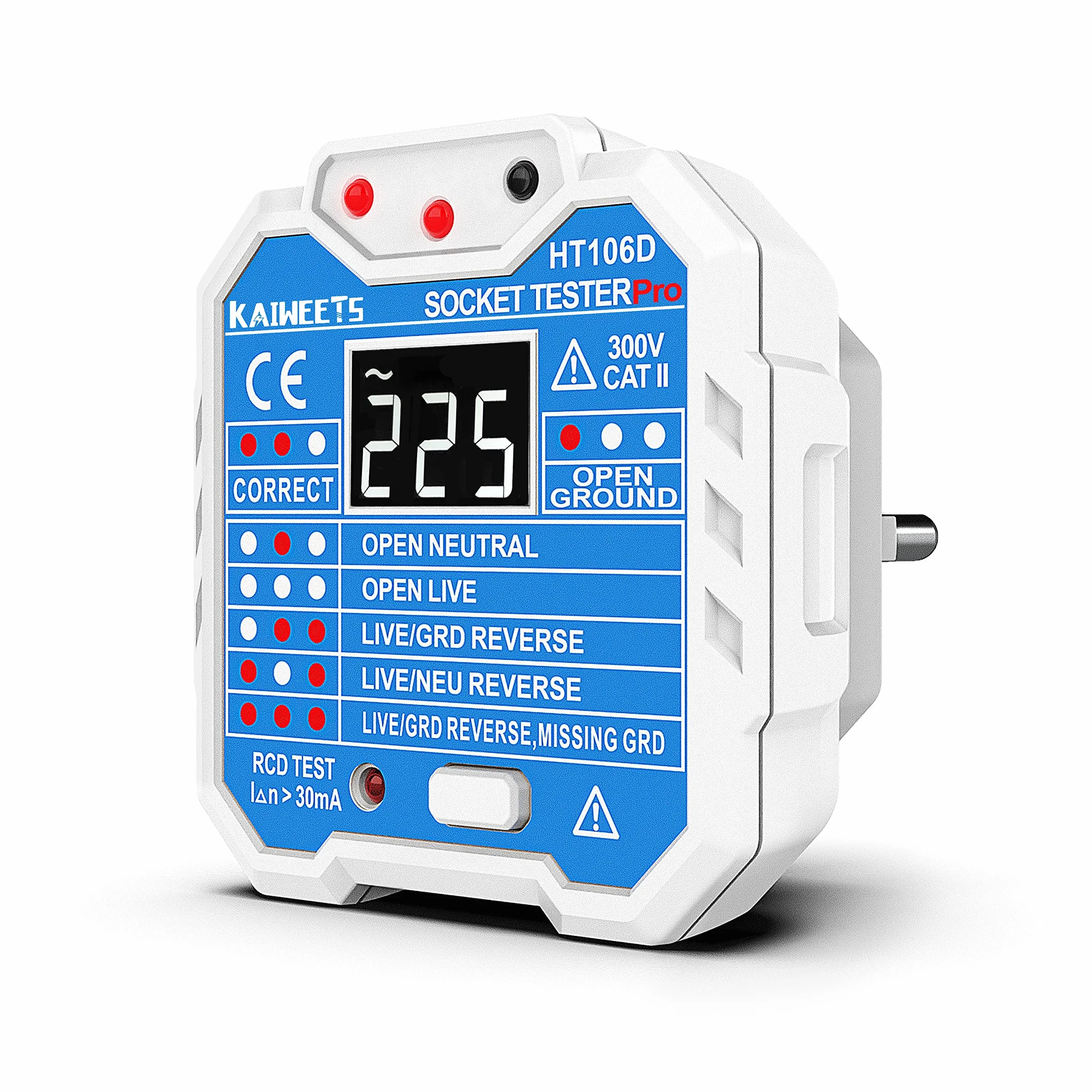 KAIWEETS Tester gniazd z kontrolą RCD i wyświetlaczem napięcia LCD, 48-250 V/45-65 Hz, CAT ll 300 V do pomiaru napięcia, badania obwodu elektrycznego.