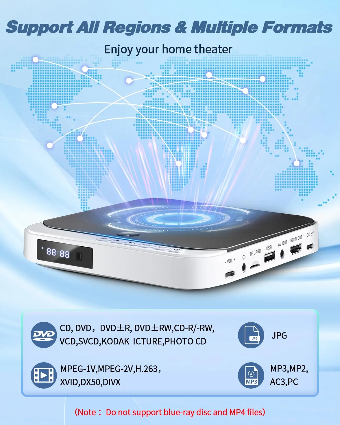 DESOBRY Mini odtwarzacz DVD 1080P HD, mały odtwarzacz DVD do telewizora, bez wszystkich regionów, kompaktowe, odtwarzanie w wielu formatach, wyjście HDMI i AV, wejście karty USB/TF, pilot zdalnego