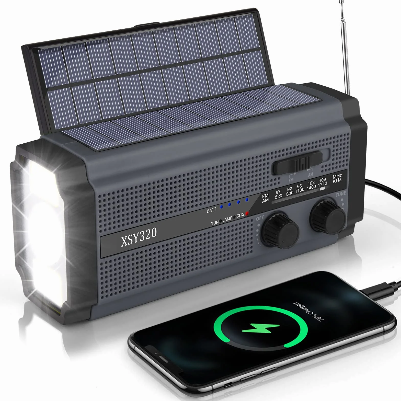 Przenośne radio korbowe AM/FM 5000 mAh latarka LED alarm SOS czarny