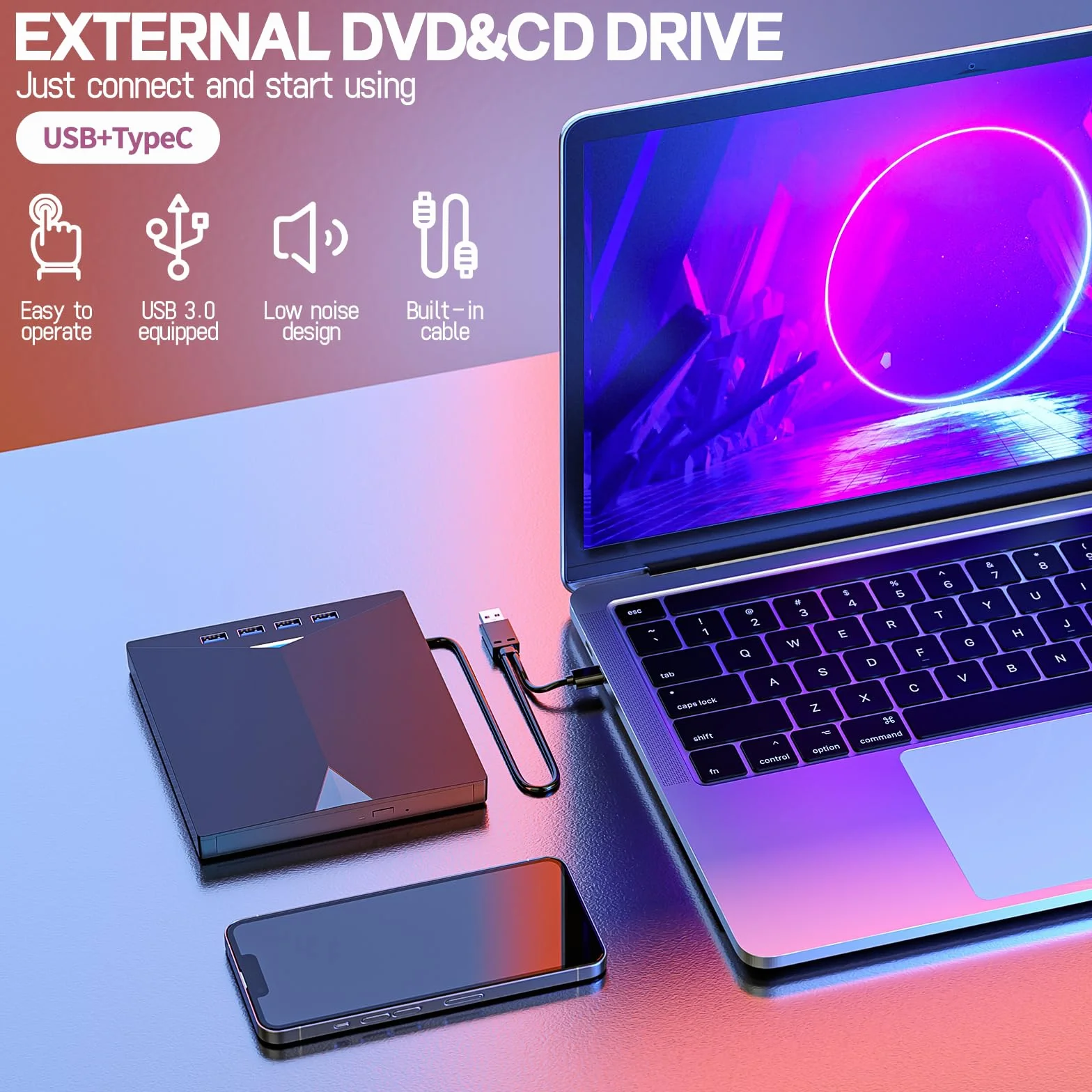 Przenośny zewnętrzny odtwarzacz DVD CD USB 3.0 typ C do PC laptop D02