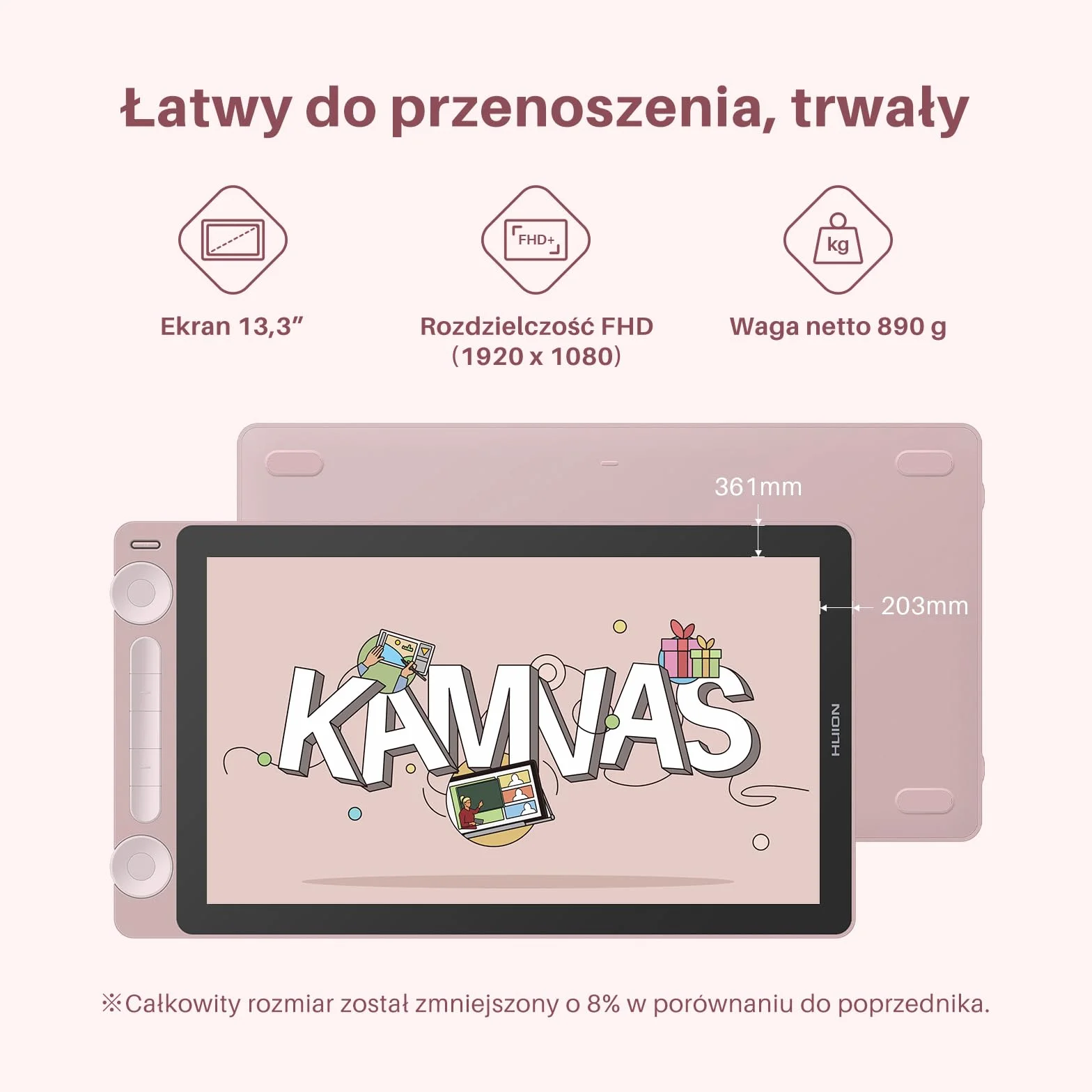 HUION Kamvas 13 Gen 3 Tablet graficzny 13,3 cala Różowy PenTech 4.0 nacisk pióra 16384