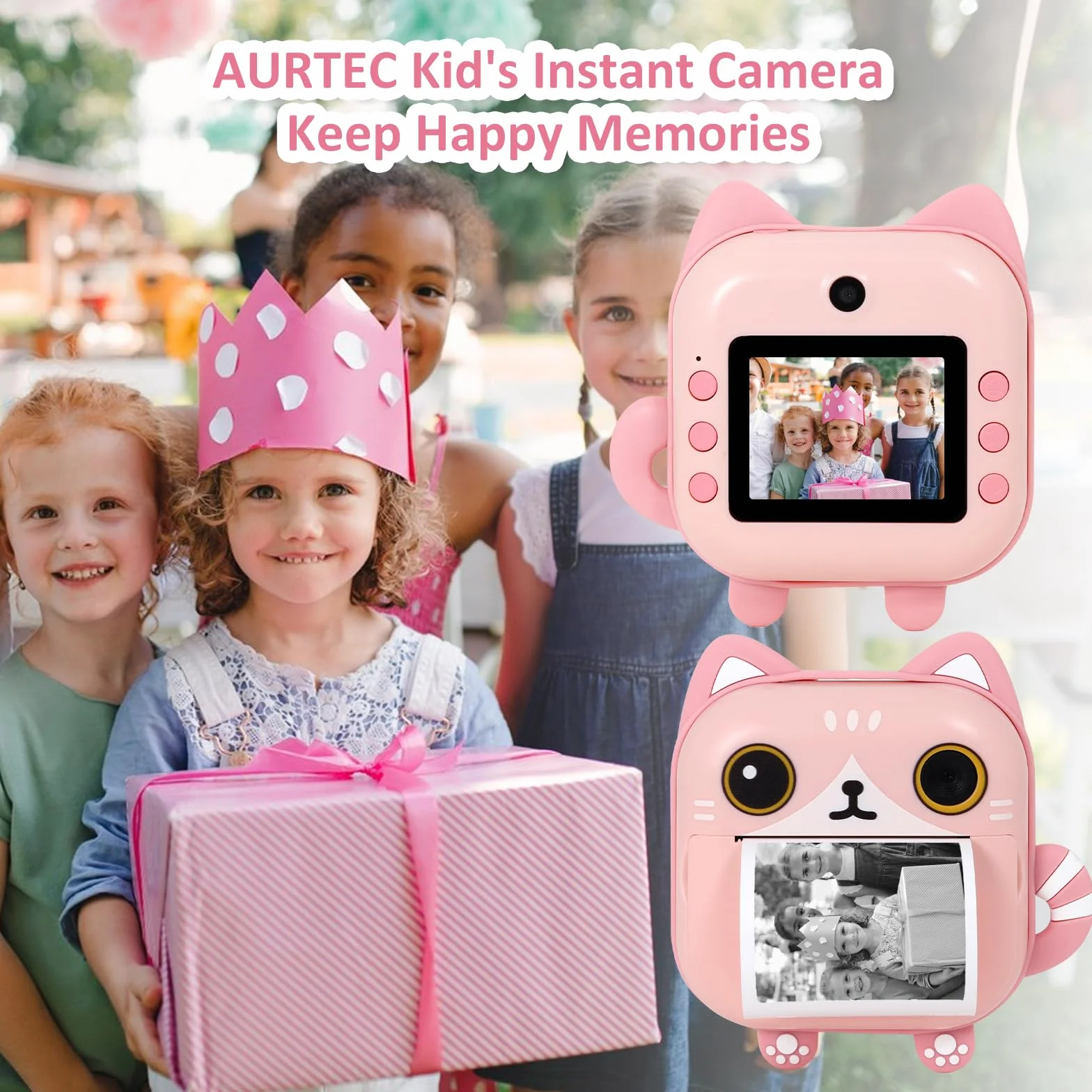 AURTEC Aparat natychmiastowy dla dzieci, mini kamera termowizyjna, nie wymaga atramentu, podwójny aparat 48 MP, wideo HD 1080P, karta TF 32G, 3 papier do drukowania, kolorowy ekran 2,4 cala, uroczy