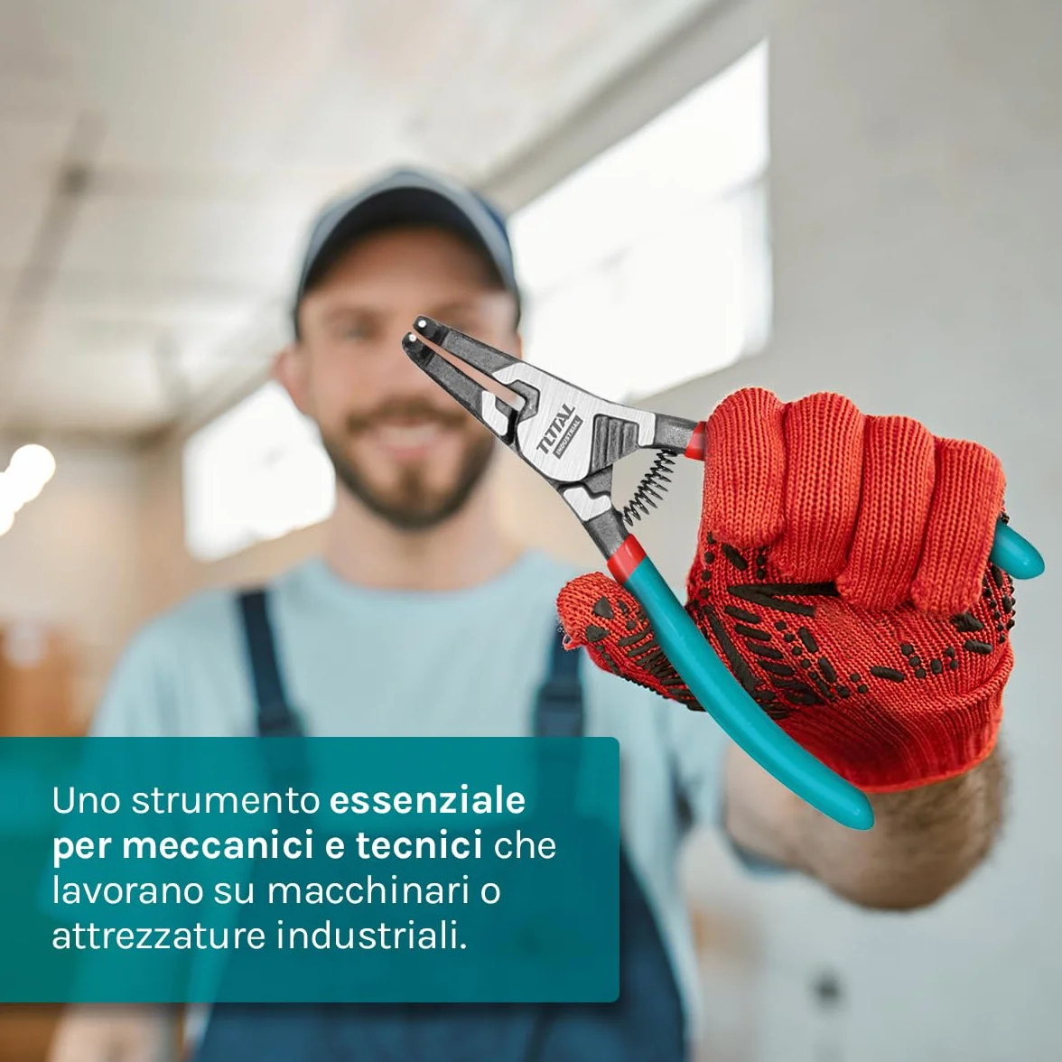 TOTAL Zakrzywione szczypce do wewnętrznego i zewnętrznego otwierania podkładek - 180 mm - stal Cr-V i polerowane na czarno wykończenie - odporne na korozję - do wewnętrznych i zewnętrznych pierścieni