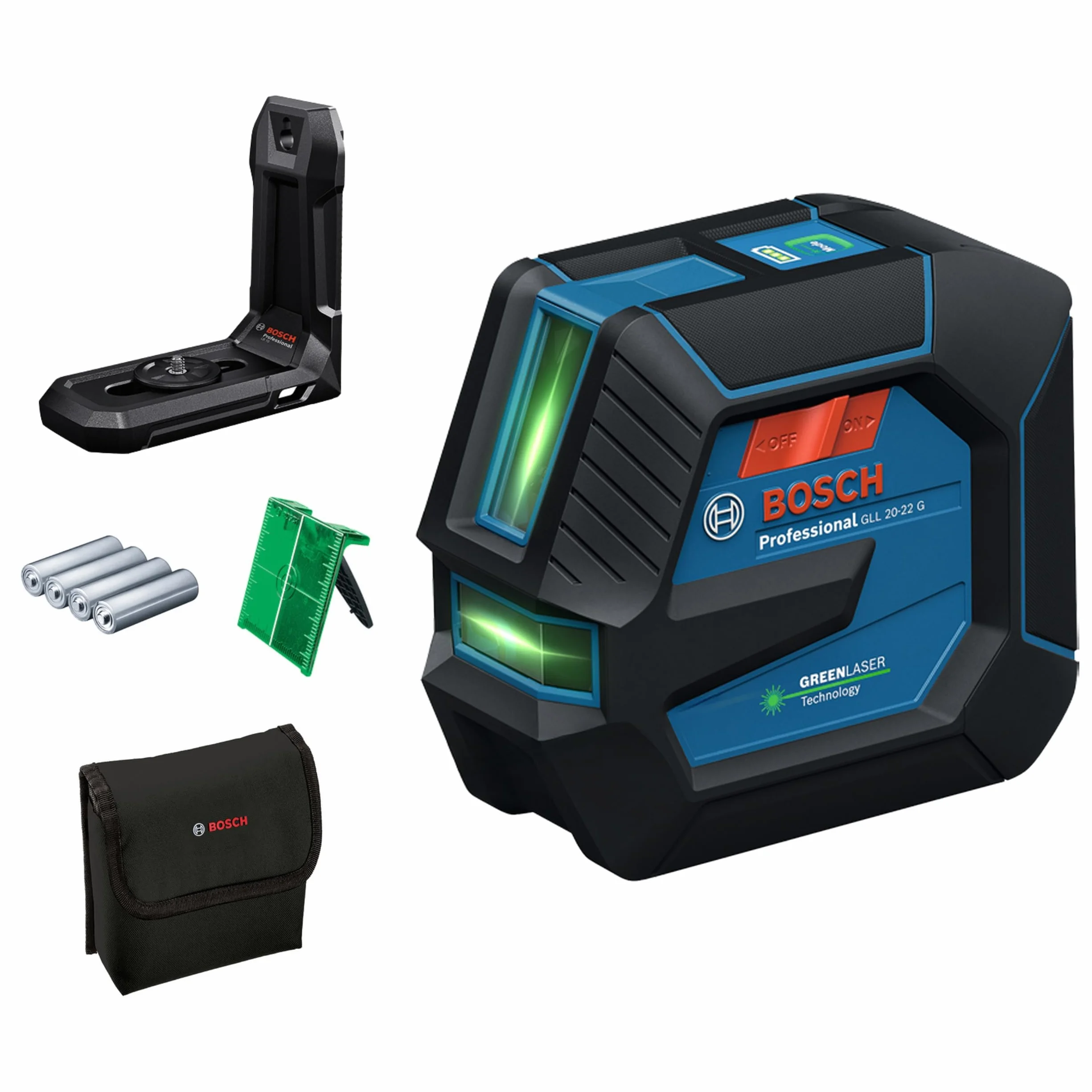 Bosch Professional Laser Liniowy GLL 20-22 G, Uchwyt LB 10, Zielona Wiązka Laserowa, Praca w Pomieszczeniach, Funkcja Dual Power Source, 2 Baterie 1,5 V LR6, Pokrowiec