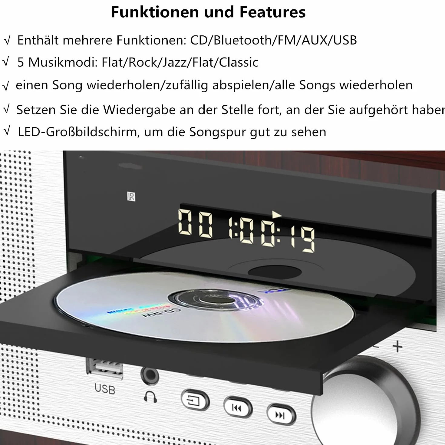 Rocznik mini zestaw stereo CD, 40 W, RMS, odtwarzacz CD, kompatybilny z UKW/Bluetooth, USB/AUX, pilot zdalnego sterowania, gniazdo słuchawkowe, kompatybilne ze źródłem dźwięku o wysokiej