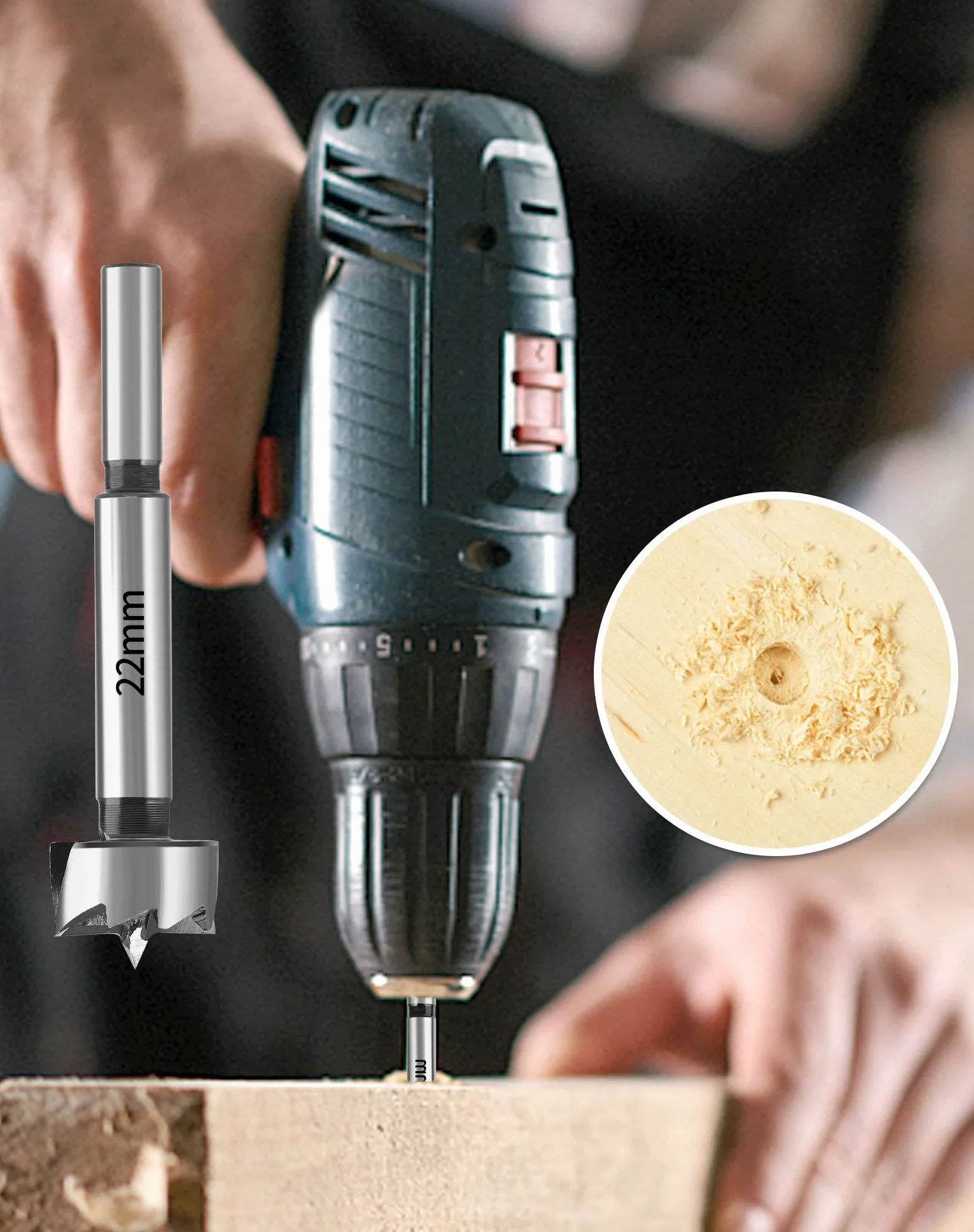 Wiertło Forstnera 22 mm LAOYE Forstner do drewna i tworzywa sztucznego, Ø 22,0 mm, bity Forstnera z okrągłym trzonkiem – profesjonalne nasadki wiertnicze z okrągłym trzpieniem, długość 90 mm,