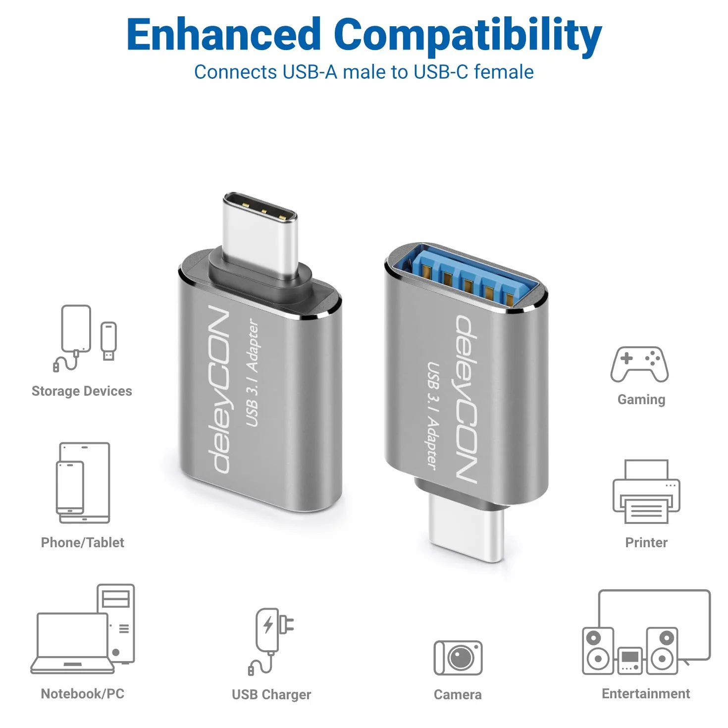 deleyCON USB-C do USB Adapter 5 Gbit/s OTG Srebrny 2 Sztuki