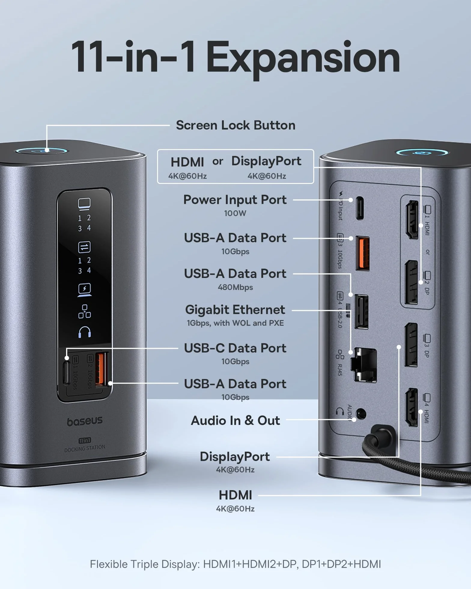 Baseus Stacja dokująca Spacemate Series 11 w 1 stacja dokująca 3 monitory z 2 x HDMI 1 x DP 4K @ 60 Hz, 3 x USB-A/C 10 Gb/s, 1 Gbps Ethernet, 100 W PD, kompatybilna z laptopem