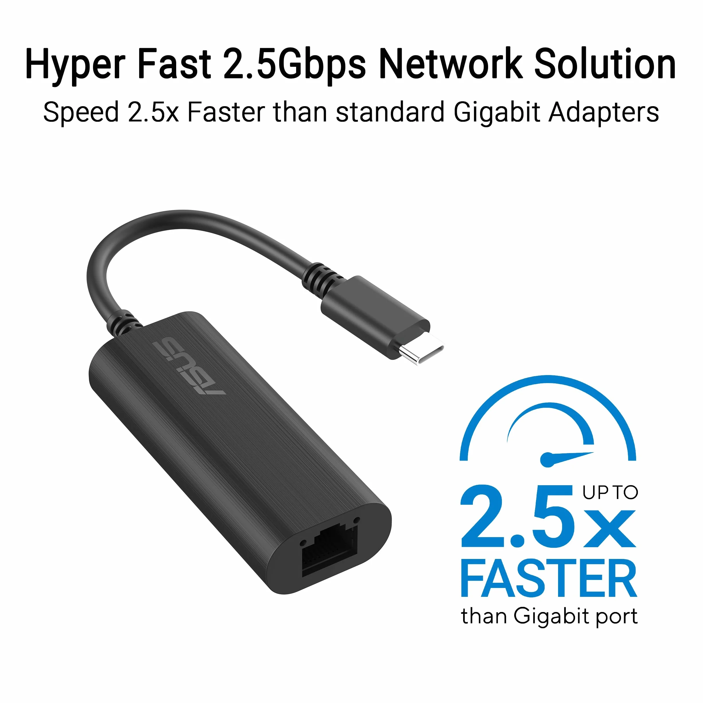 ASUS USB-C2500 V2, adapter Ethernet 2,5 G, kompatybilny z 2,5 G/1 G/100 Mbps, łatwa instalacja, szeroka kompatybilność dzięki portowi USB, kompaktowy i odpowiedni do podróży, czarny