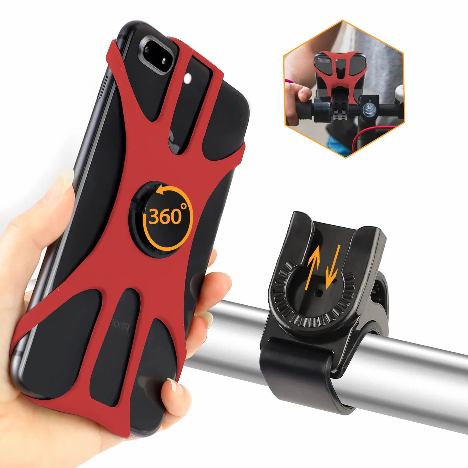 Uchwyt na telefon rowerowy, uniwersalny uchwyt na kierownicę 360° regulowany obrót uchwyt na smartfona do kierownicy roweru/motocykla, kompatybilny z iPhonem, i smartfonami 4,5-7,0 cala (czerwony-4)