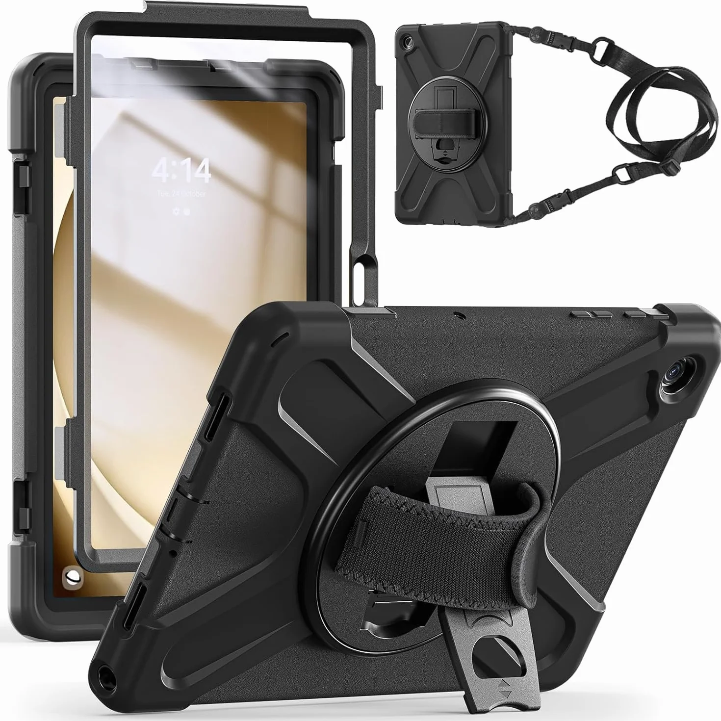 Gerutek Etui do Samsung Galaxy Tab A Plus 11 Cal 2023, A Plus odporne na wstrząsy etui/obracający się o 360 stopni stojak/paski na ręce i ramiona/czarne
