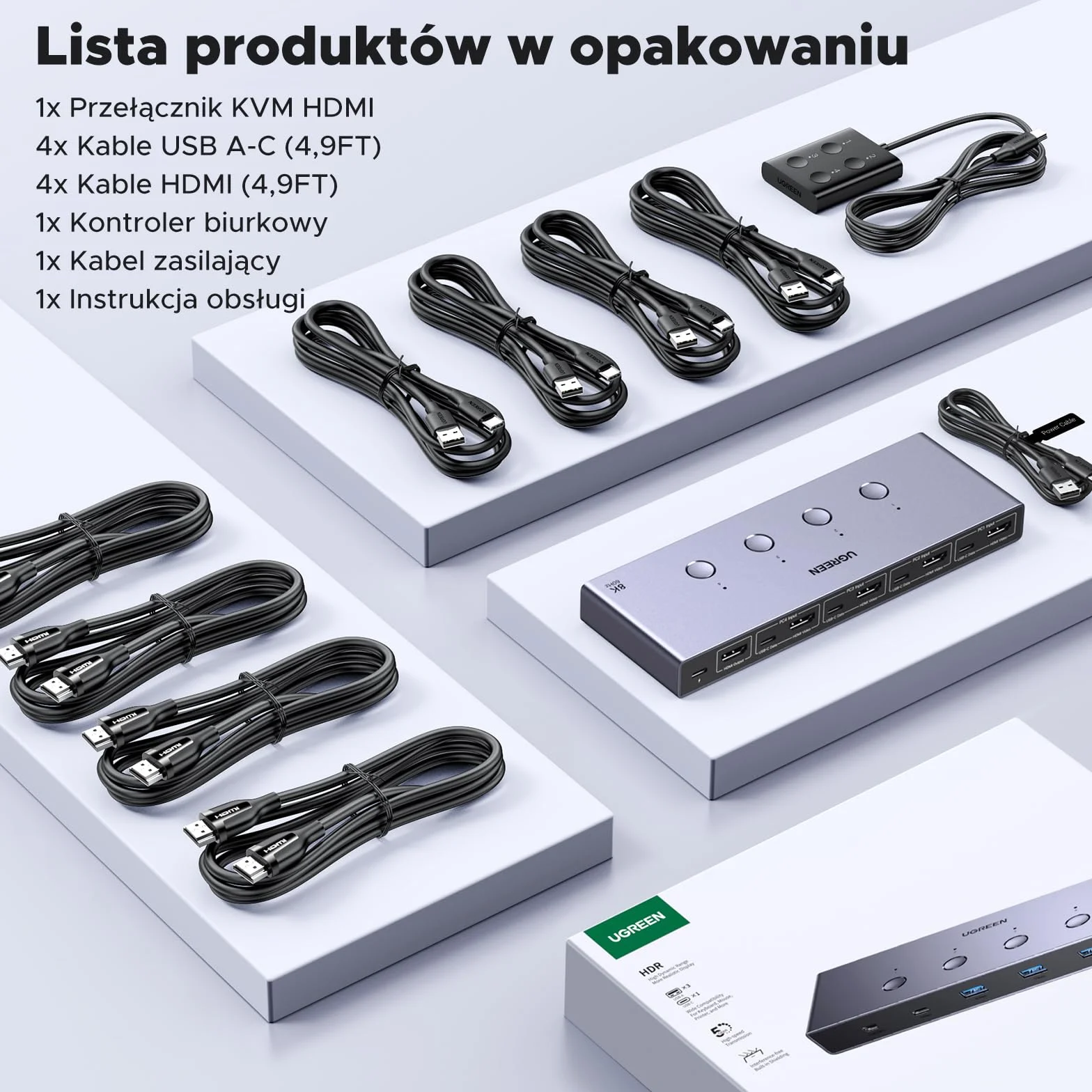 UGREEN HDMI 2.1 KVM Switch 4 In 1 Out 8K@60Hz USB 3.0 Switch 4 Porty (3*USB A+ USB C) Udostępnianie 1 Monitora i Klawiatury, Myszy, Drukarki, Dysku U dla 2 PC
