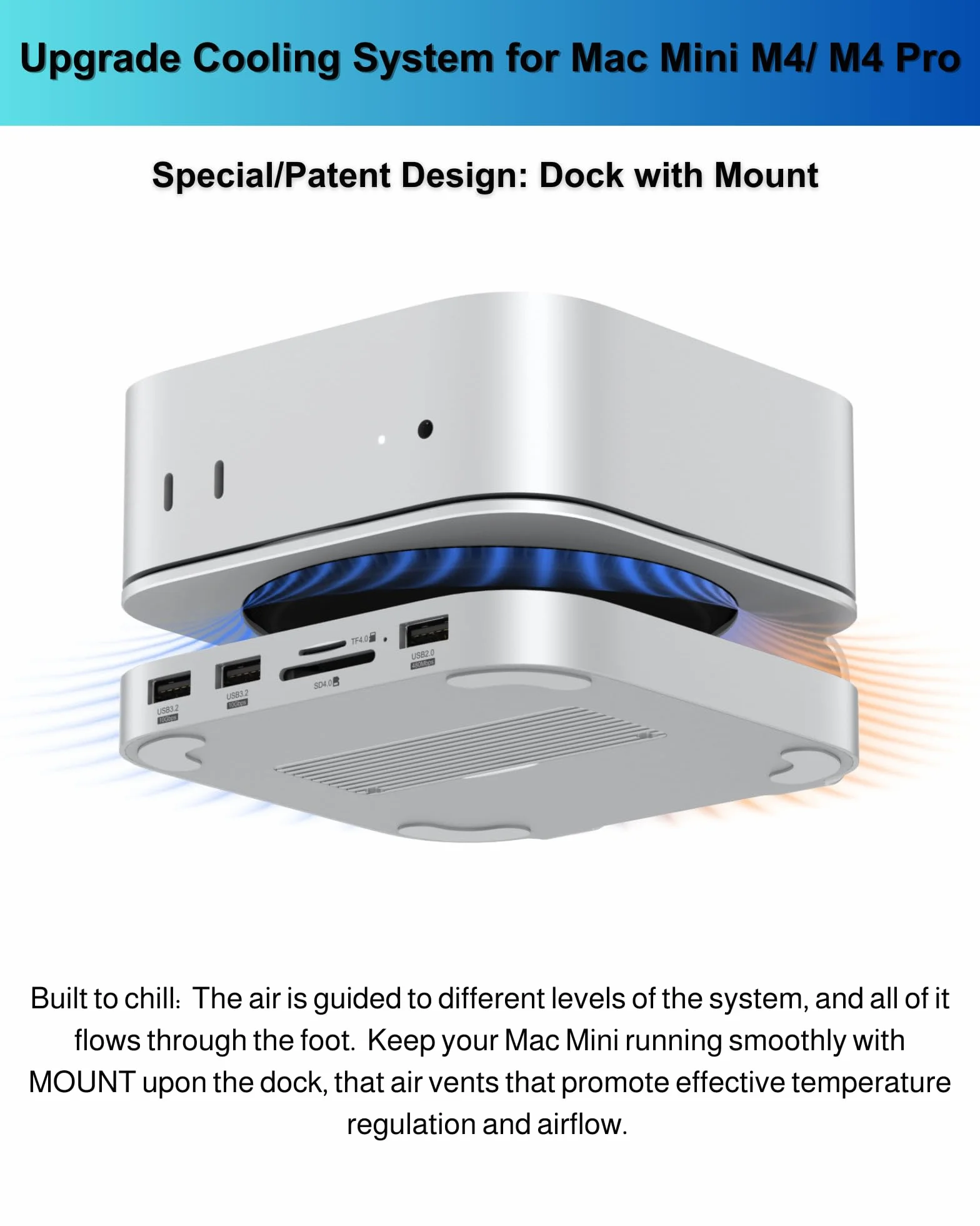 Stacja dokująca Mac mini M4, aluminiowy stojak i koncentrator do Mac mini M4 i M4 Pro 2024 z obudową M.2 NVMe SSD, 2 x USB-A 10 Gb/s, czytniki kart SD/TF, dane USB 2.0 (MC60)
