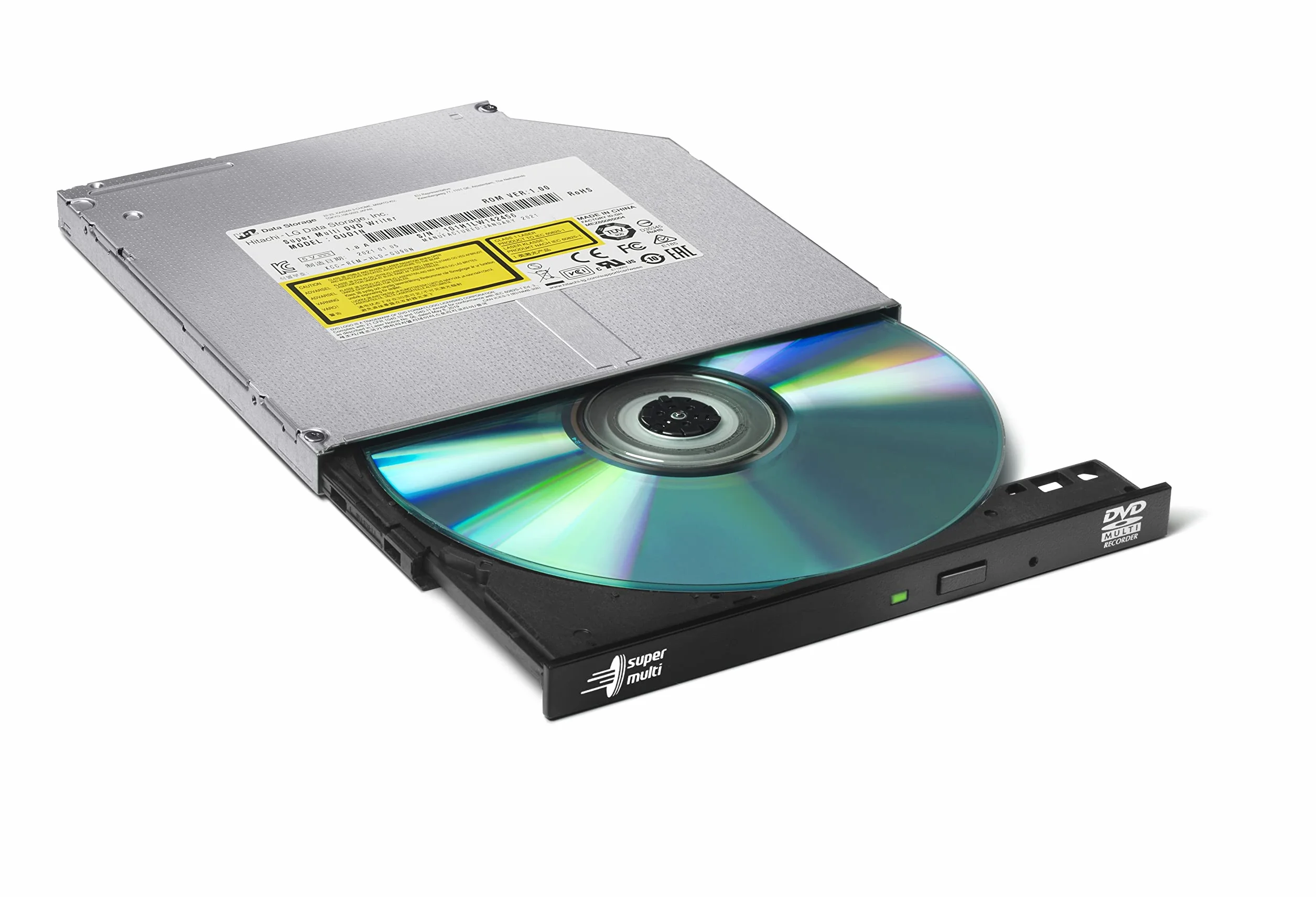 Hitachi-LG GUD1N Internal DVD Drive, Slim 9.5 mm DVD Player/Writer for Laptop/Desktop PC, Windows 10 Compatible, 8x Read/Write Speed - Black