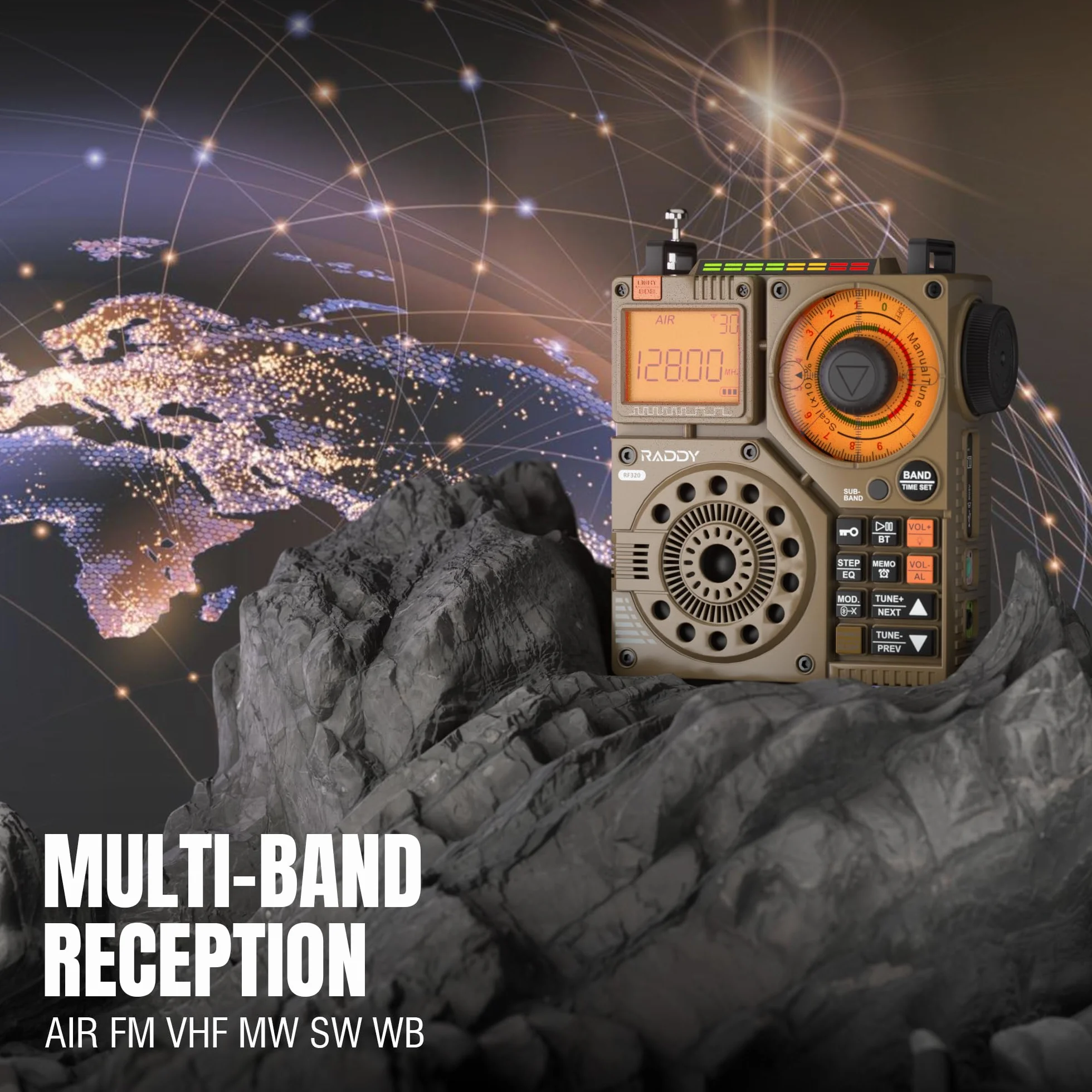 Raddy RF320 APP Control Radio krótkofalowe, odbiornik AIR/FM/AM/VHF/SW/WB, przenośne radio ładowane z anteną przewodową 9,85 m (żółty)