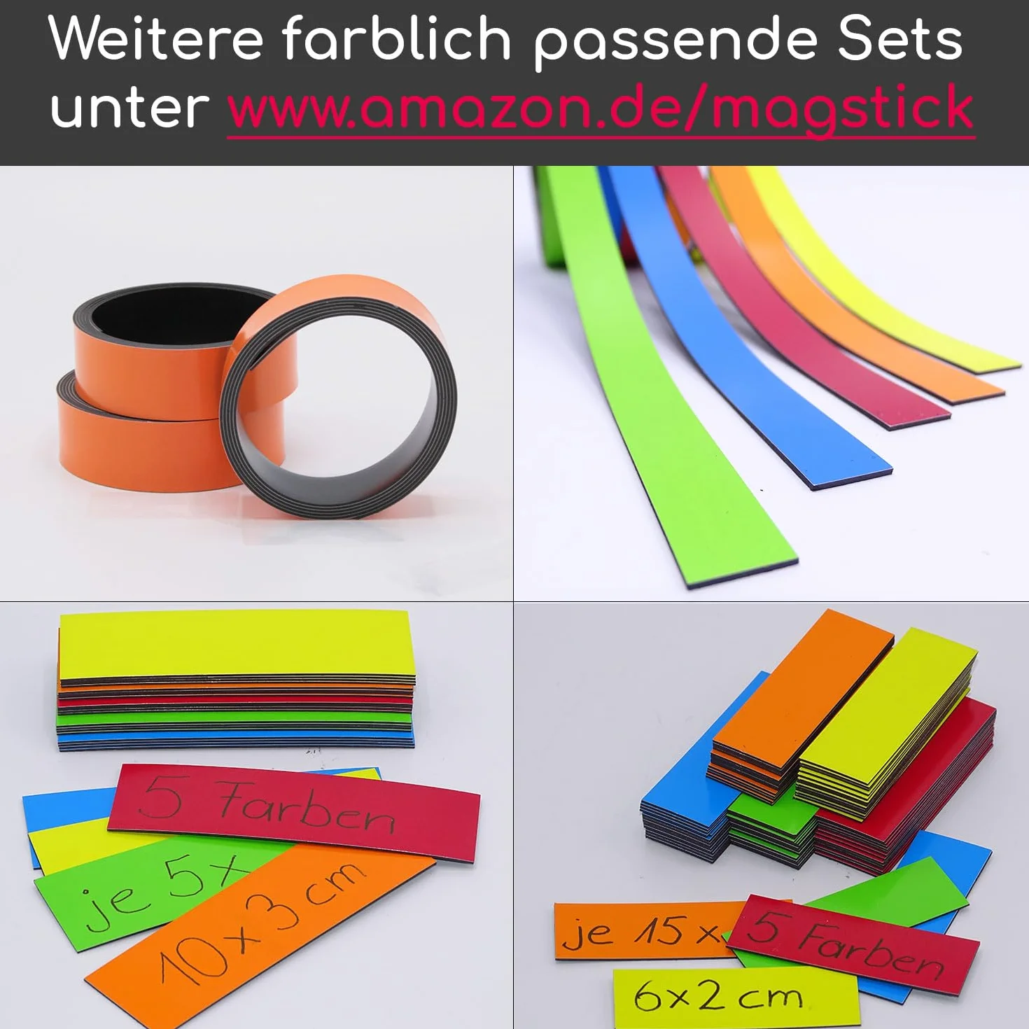 5 x paski magnetyczne posortowane pod względem koloru I ok. 1 cm x 1 m taśma magnetyczna do zaznaczania podziału na tablicach suchościeralnych, regałach magazynowych, kalendarzach, etykietach