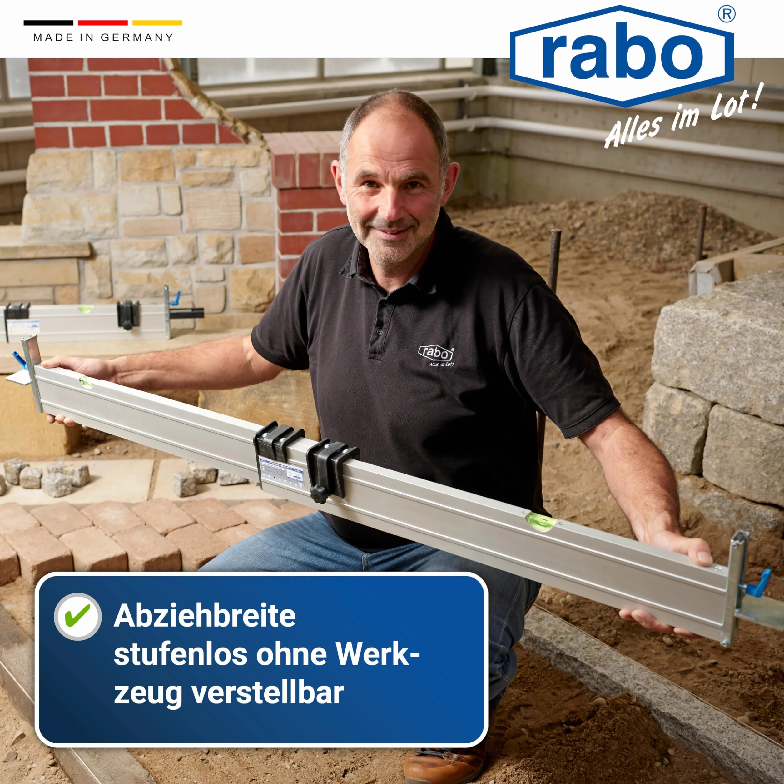 RABO Łata poziomująca 0,80–1,40 m regulowana | do wyrównywania żwiru, kruszywa i piasku | z 2 ogranicznikami wysokości profil C (0–11 cm) | aluminium anodowane, jakość profesjonalna