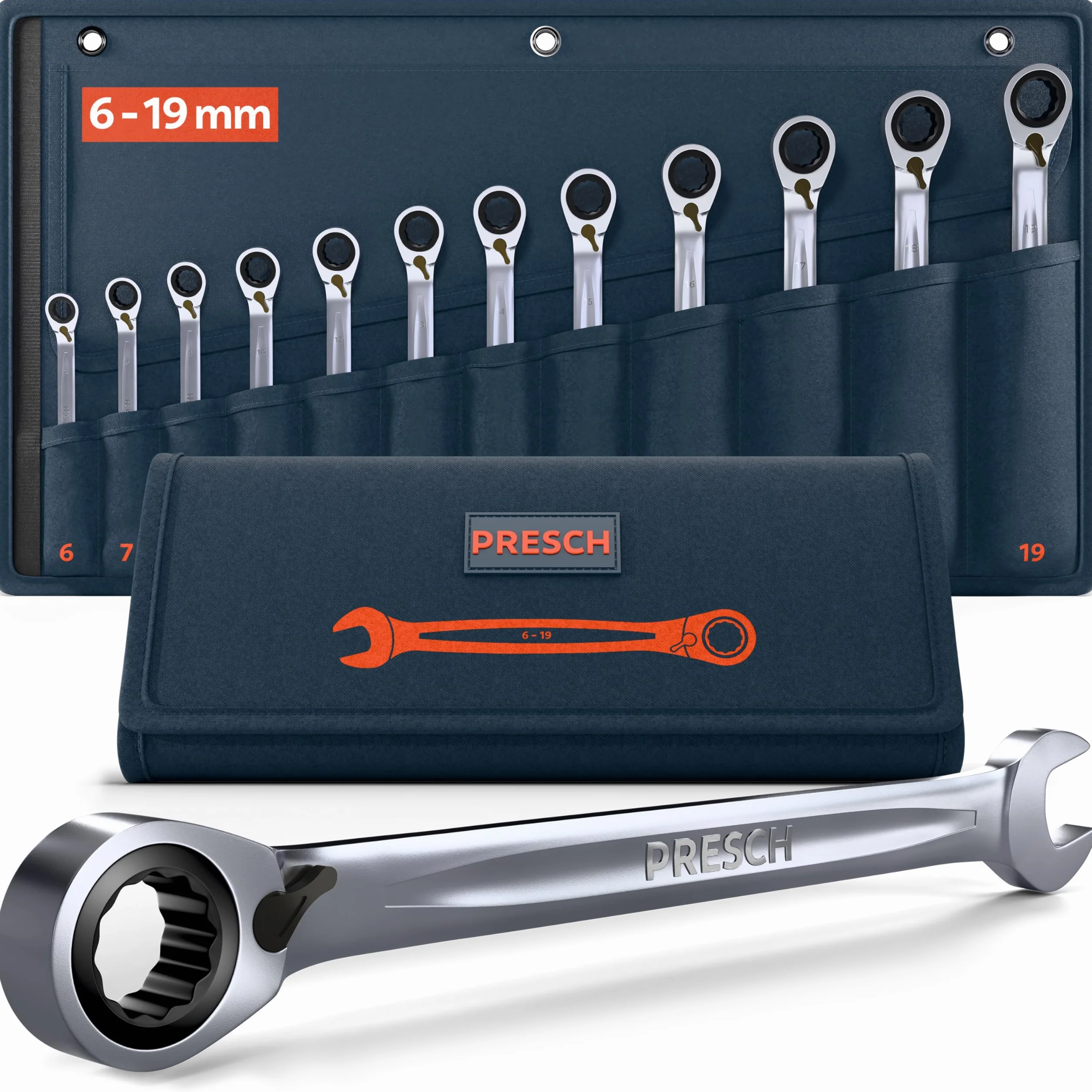 Presch Zestaw kluczy grzechotkowych przełączany 12 szt. (6-19mm) z torbą - Minimalny kąt powrotu (do 4°, 90 zębów) - Precyzyjnie wykonane, trwałe klucze oczkowe