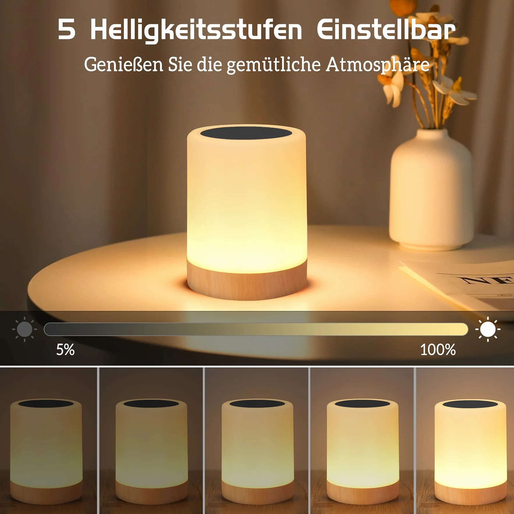 Bonsery Dotykowa ściemniana lampka nocna, bezprzewodowa lampa stołowa LED z akumulatorem USB, lampka nocna dla dzieci z zegarem i pamięcią do sypialni, łazienki, salonu
