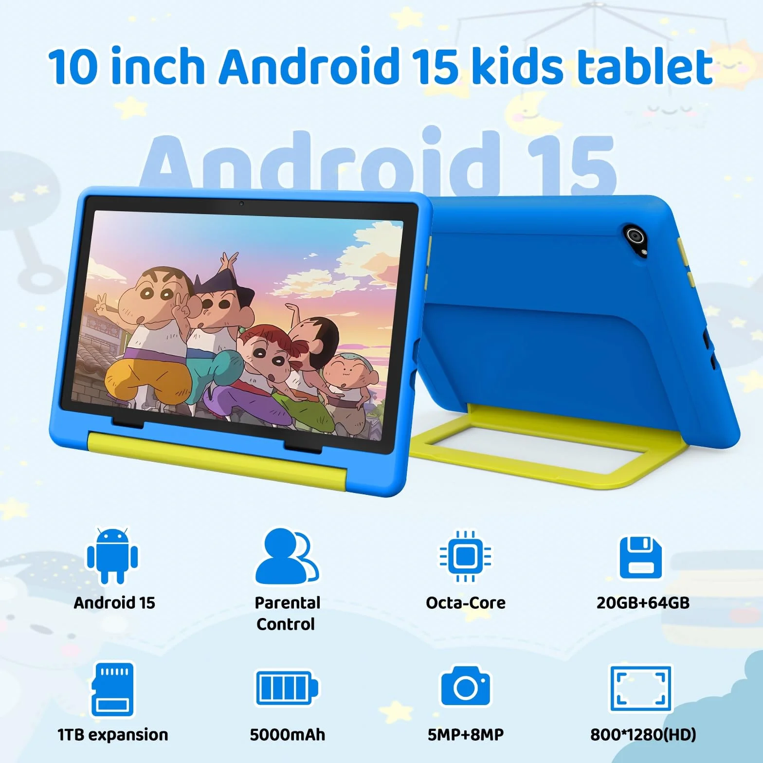 Tablet dla dzieci 10 cali Android 14 HD 1280x800 8+64GB 5000 mAh podwójny aparat 5+8 MP niebieski