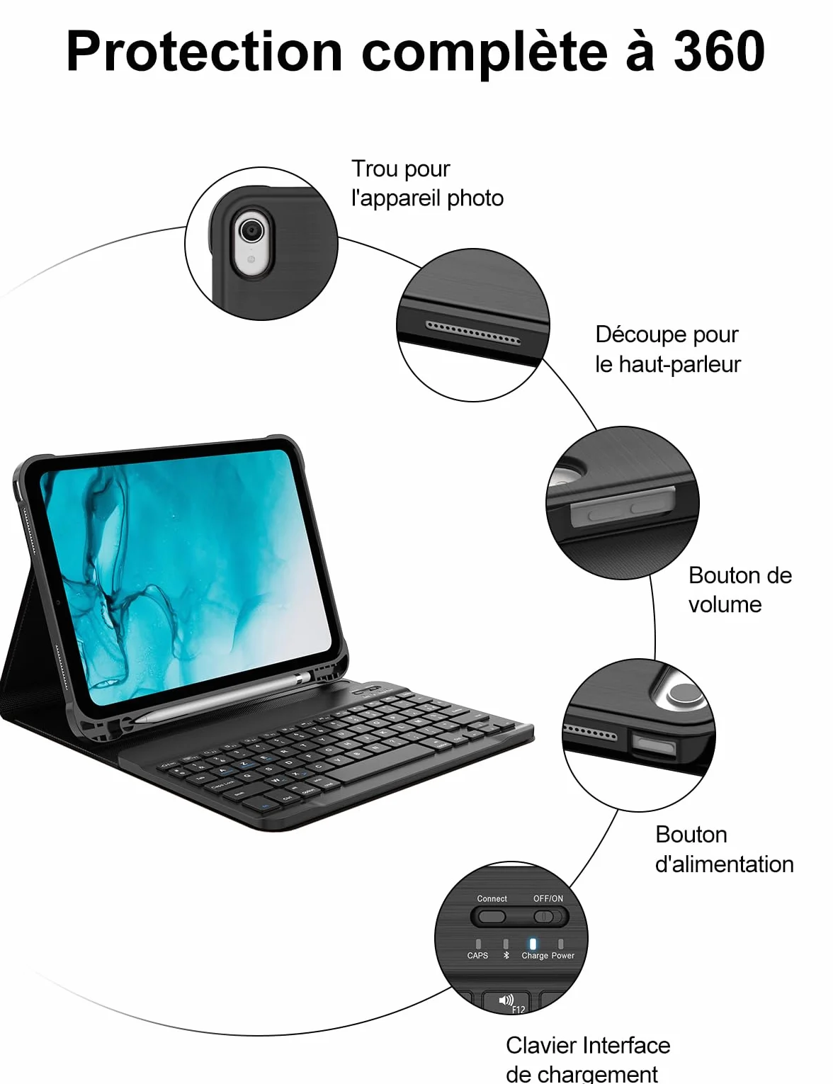 FOGARI Klawiatura do iPada 10/11 generacji 2022/2025, AZERTY bezprzewodowa klawiatura Bluetooth, etui z uchwytem na ołówki do iPada 10 generacji/A16 (10,9 cala), czarna