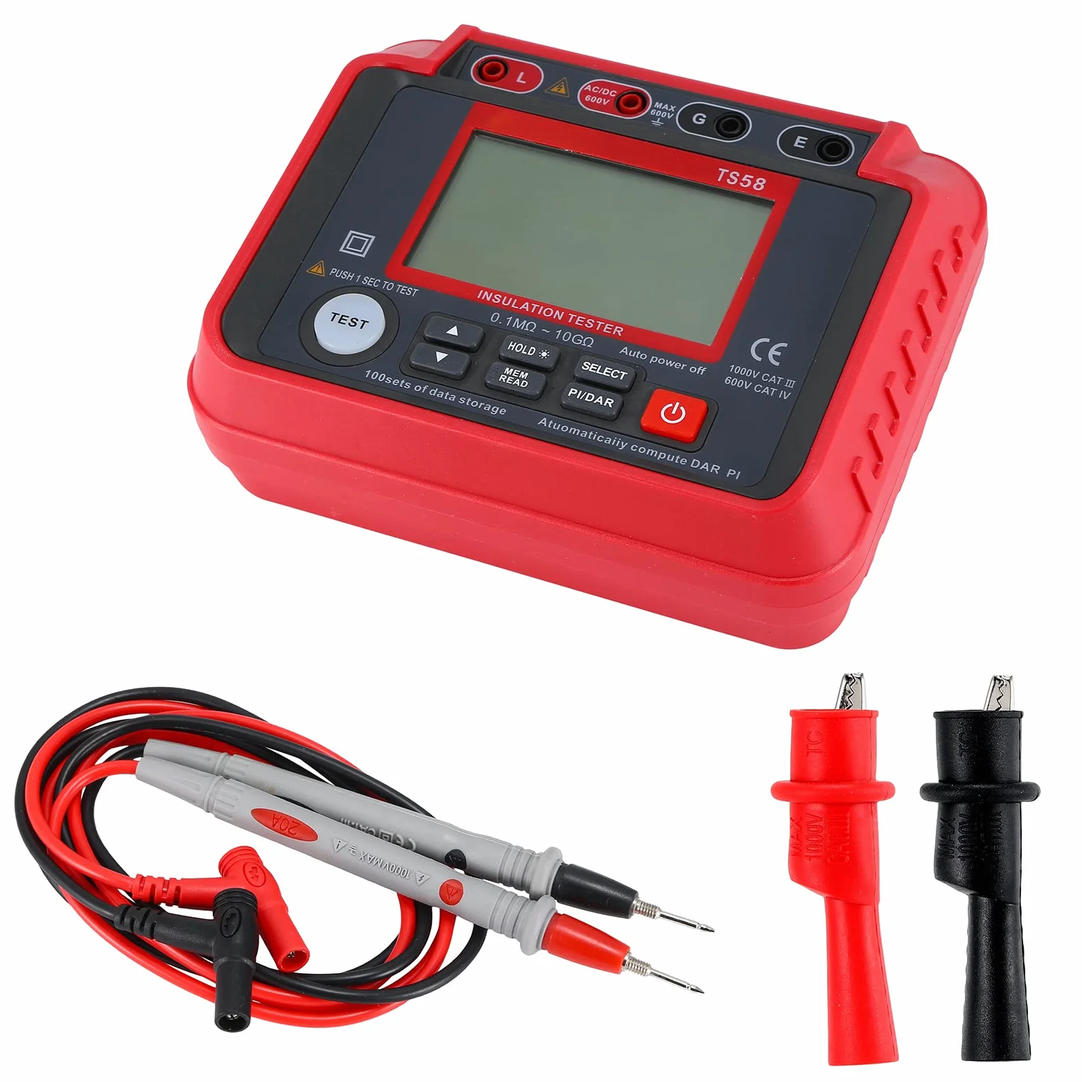 Domary Tester Rezystancji Izolacji Megaomomierz 0,1 MΩ-10 GΩ z Podświetlanym Wyświetlaczem LCD 2000 zliczeń Napięcie Prądu Stałego AC 10–600 V Indeks DAR PI do Konserwacji Sprzętu