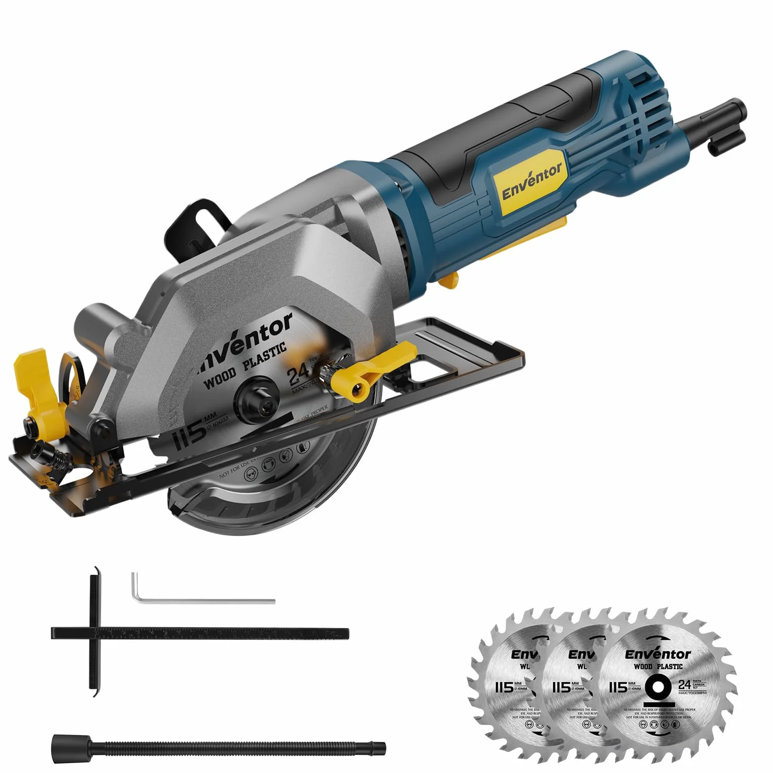 Enventor Mini Piła tarczowa, 580W, 115mm, miniaturowa piła tarczowa z szyną prowadzącą, 4000RPM, głębokość cięcia 43mm (90°), 29mm (45°), 3 brzeszczoty, idealna do drewna, plastiku, PCV