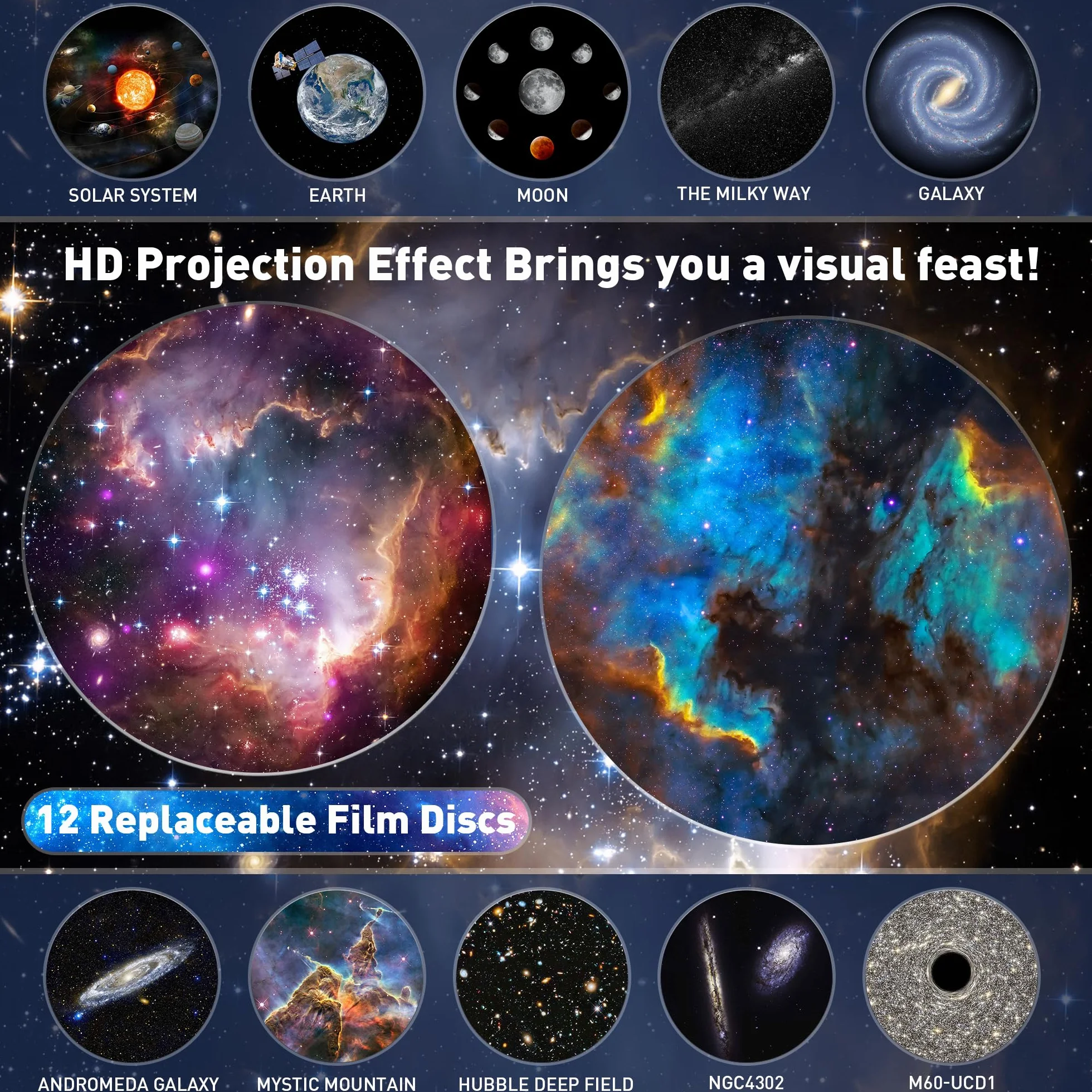 Mexllex Projektor gwiaździstego nieba, projektor gwiaździstego nieba do sypialni, 12 planet, projektor LED gwiaździstego nieba, dla dzieci i dorosłych, do sypialni, na imprezę, sufit