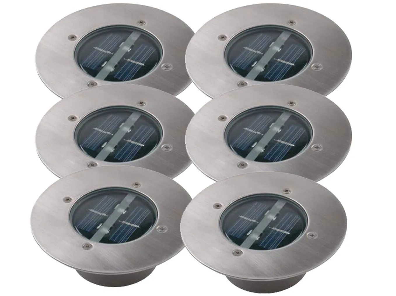 6-częściowy zestaw nowoczesnych reflektorów solarnych LED do wbudowania w gruncie, okrągłe, ze stali nierdzewnej / szkła, do zastosowania na zewnątrz