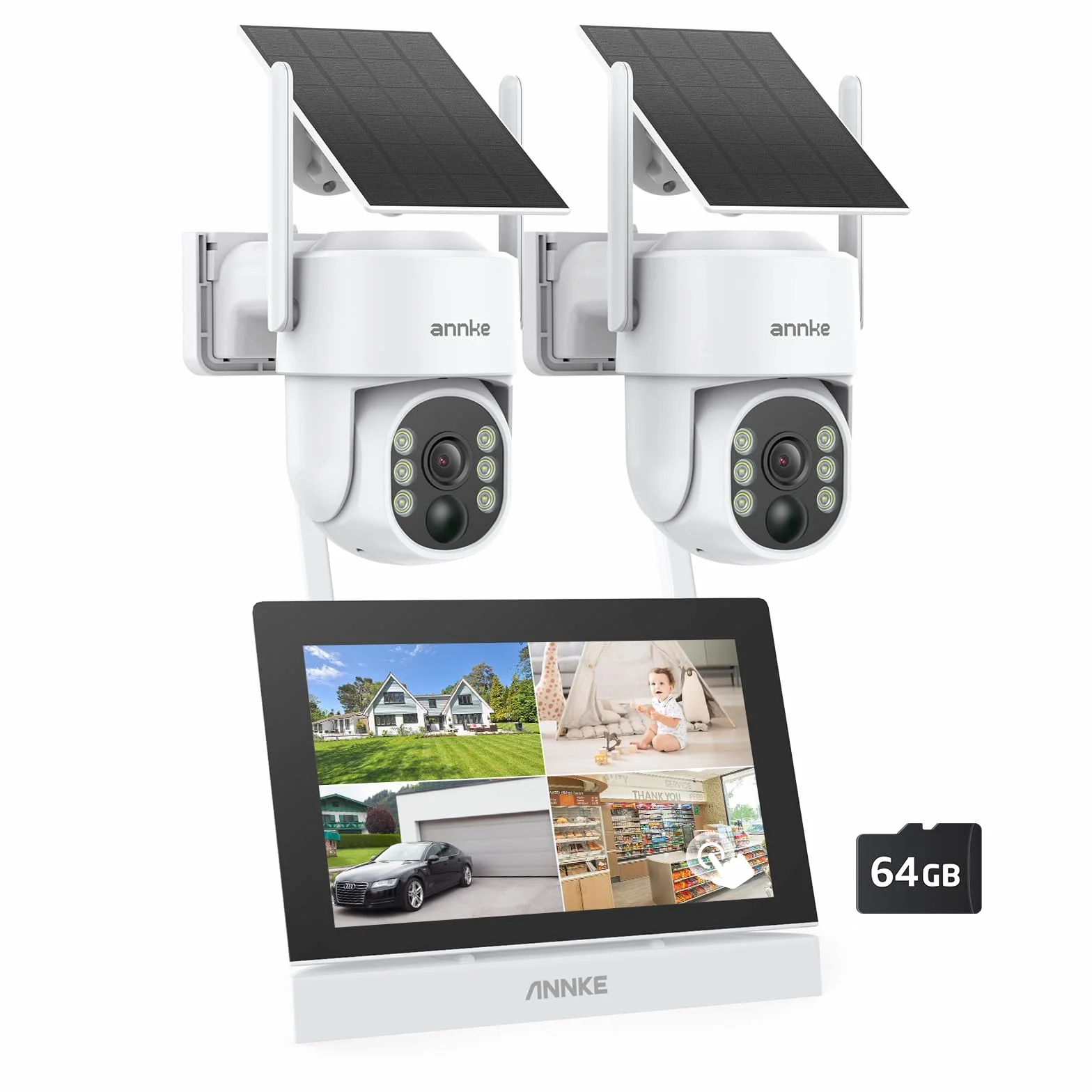 ANNKE Zewnętrzna kamera monitoringowa z monitorem 4CH 7", 2 x 4 MP PT kamera do monitoringu, zewnętrzna bateria solarna, obracanie o 270°, nachylenie 90°, 2-drożne audio, noktowizor, rozpoznawanie