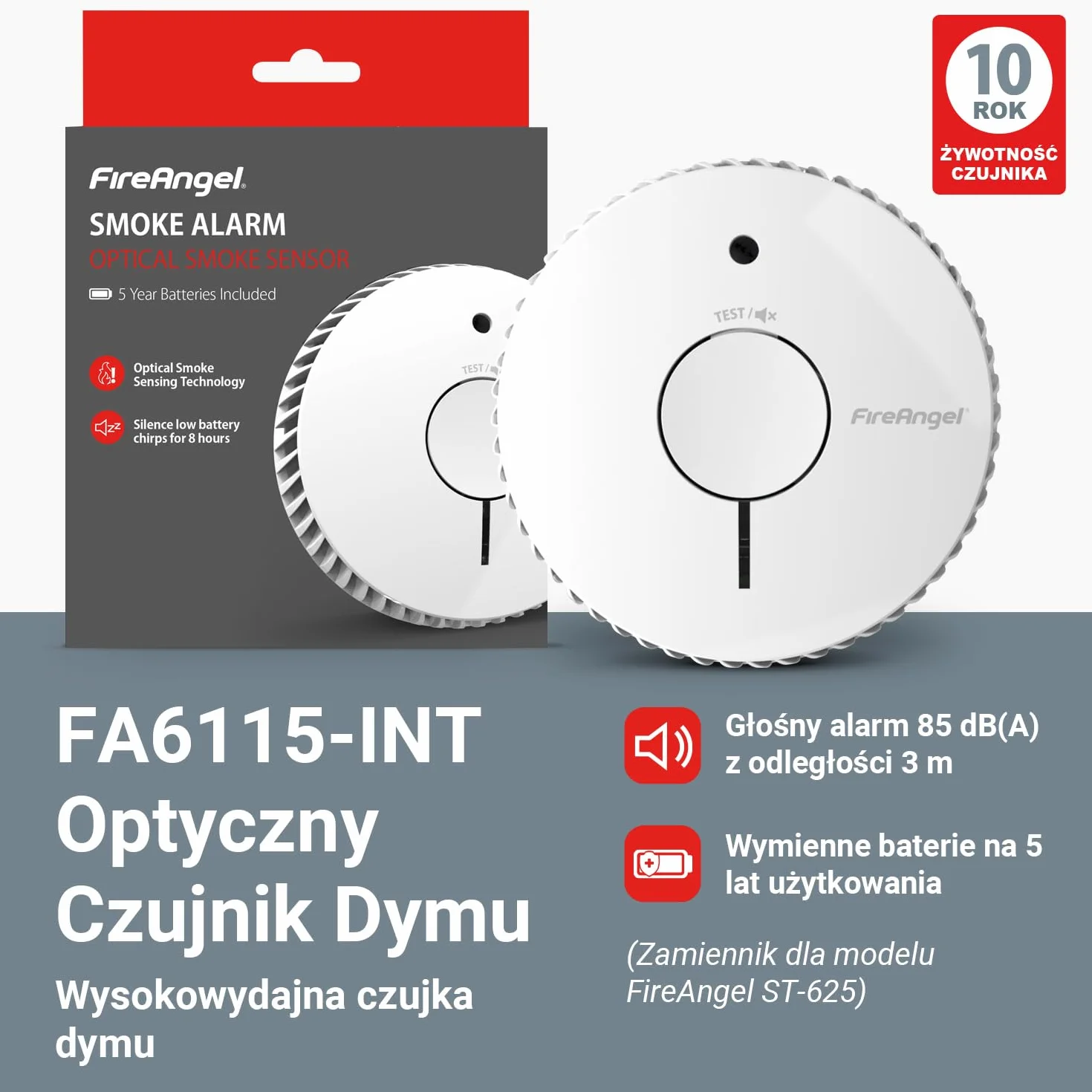 Fire Angel FA6115-INT Optyczny Czujnik Dymu – Detektor Dymu do Domu i Przyczepy Kempingowej na 10 Lat z – Czujnik Przeciwpożarowy – Zamiennik ST-625