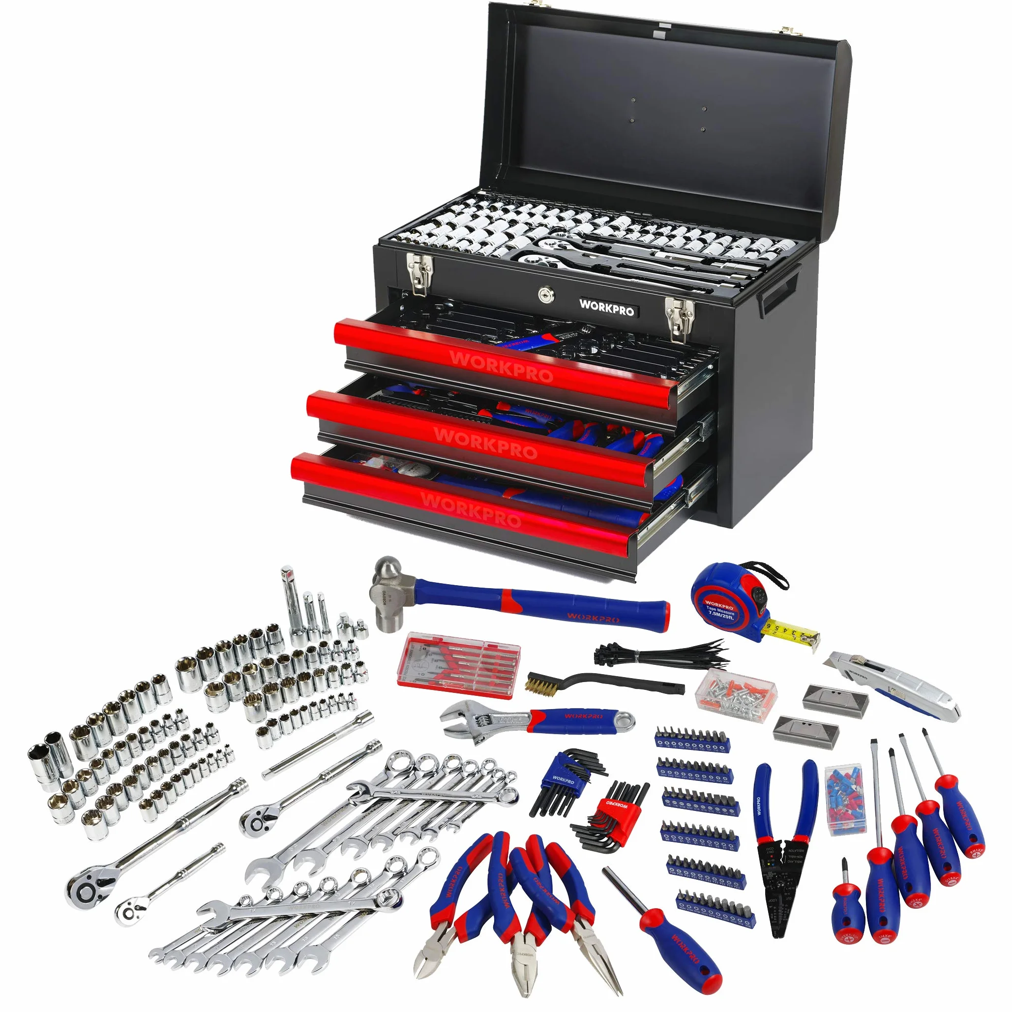 Workpro W009044A Walizka Skrzynka z Narzędziami Dla Mechanika Metalowa z 3 Szufladami, Czarny, 408 Sztuk